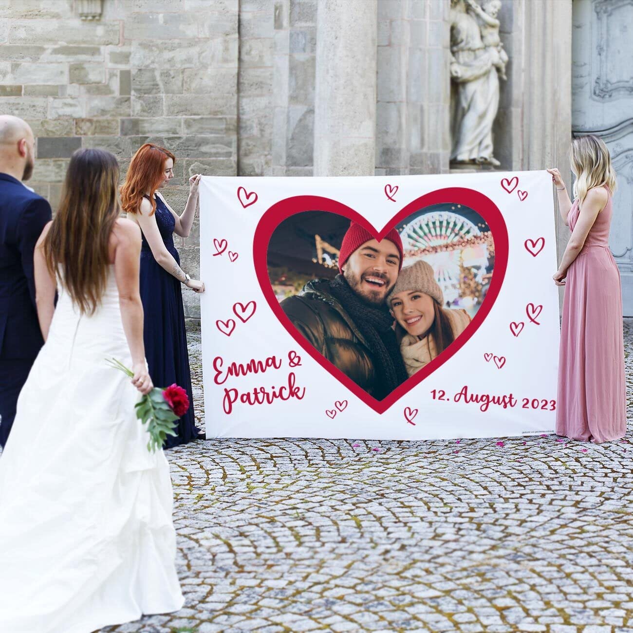 Herz & Heim® Hochzeitsbanner Herz zum Ausschneiden für Hochzeitsspiel mit Namen und Datum - Motivauswahl Fotoherz Rote Herzen