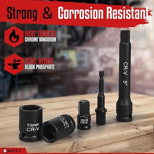 Miniatura 6 de WETT Juego de llaves de impacto de 12", juego de llaves de vaso poco profundas de 24 piezas, SAEmétrica, 716"-1", 0.512 in-0.945 in, mango de