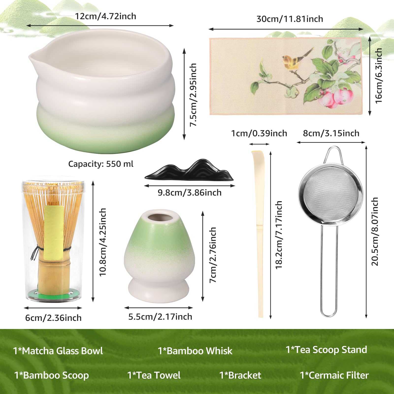 Juego de batidores de matcha – Juego de 7 piezas para hacer té japonés con cuenco matcha, batidor de bambú y soporte de cerámica, tamiz de batidor de acero inoxidable, paño de cocina