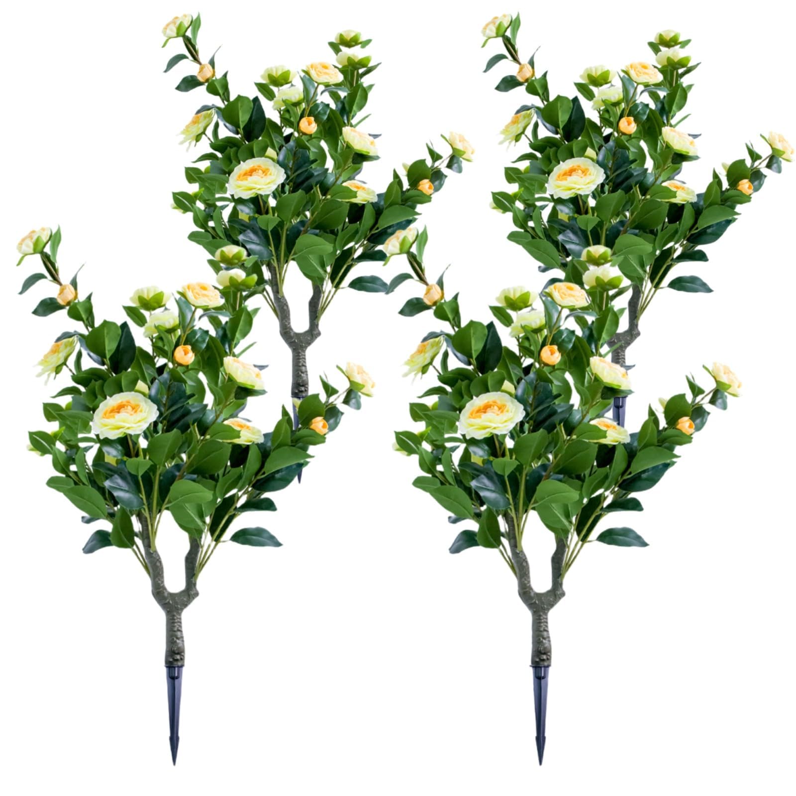 Garvee UV Resistant Artificial Topiary Trees Set of 4 with Yellow Camellia Flowers – Weatherproof Faux Plant Decor, Realistic PE Leaves, Metal Ground Spikes, Indoor Outdoor Use, 90CM