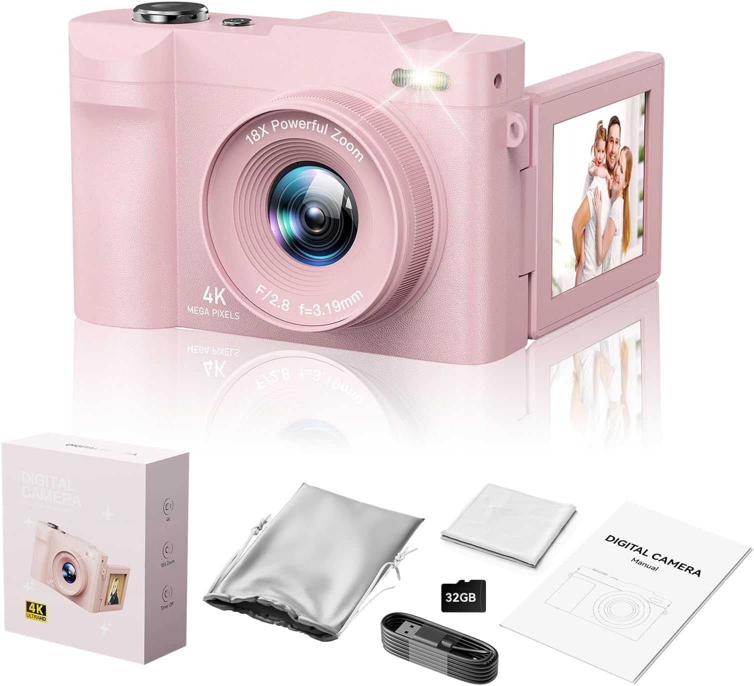 4K Digital Camera for Photography- 50MP Autofocus Vlogging Camera with 2.8" 180°Flip Screen, 18X Digital Zoom- Compact Point and Shoot Camera with 32GB TF for YouTube, Travel, Beginners, Pink