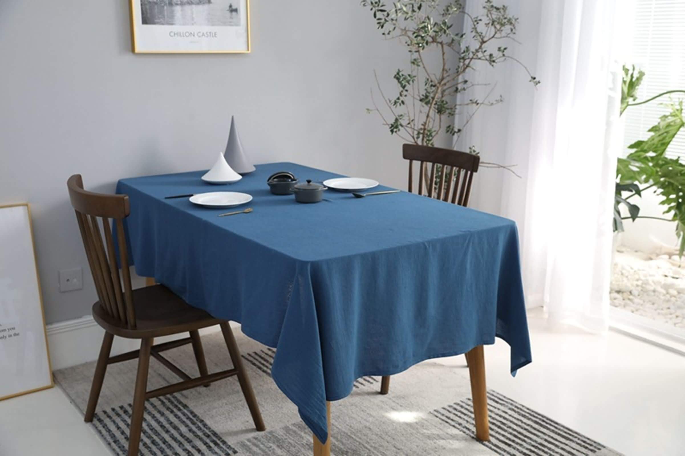 Mantel Rectangular Azul Antimanchas, Color Sólido, de Algodón Suave, 130 x 200 cm, Mantel para Decoración Hogar y Salón
