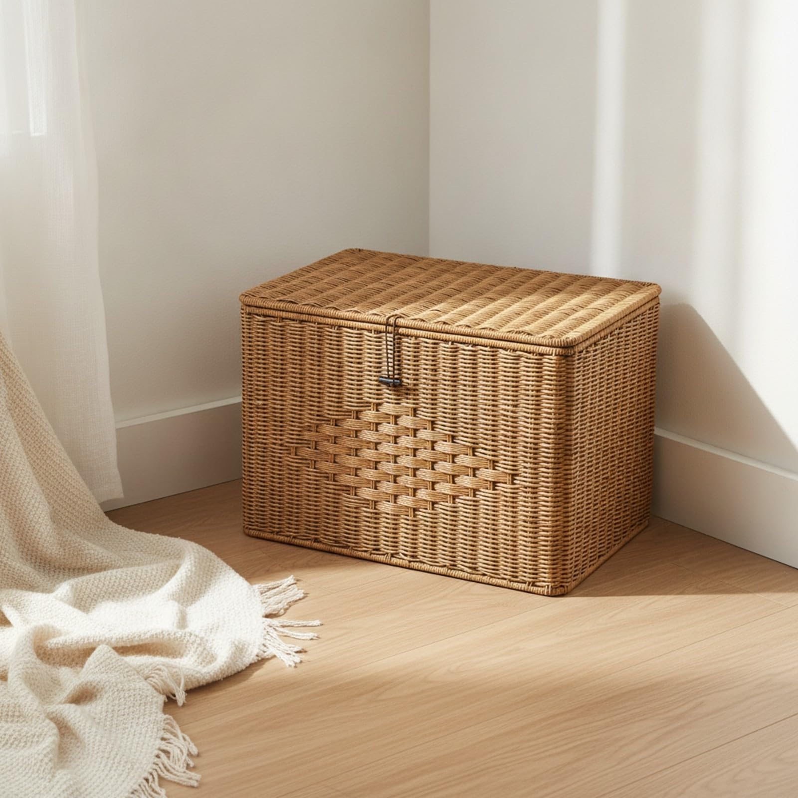 Boîte Rangement Rectangulaire En Plastique PP Cvercle Articulé Robuste Boîte Rangement Aspect Rotin Fermoir Polyvalent pr Dreing
