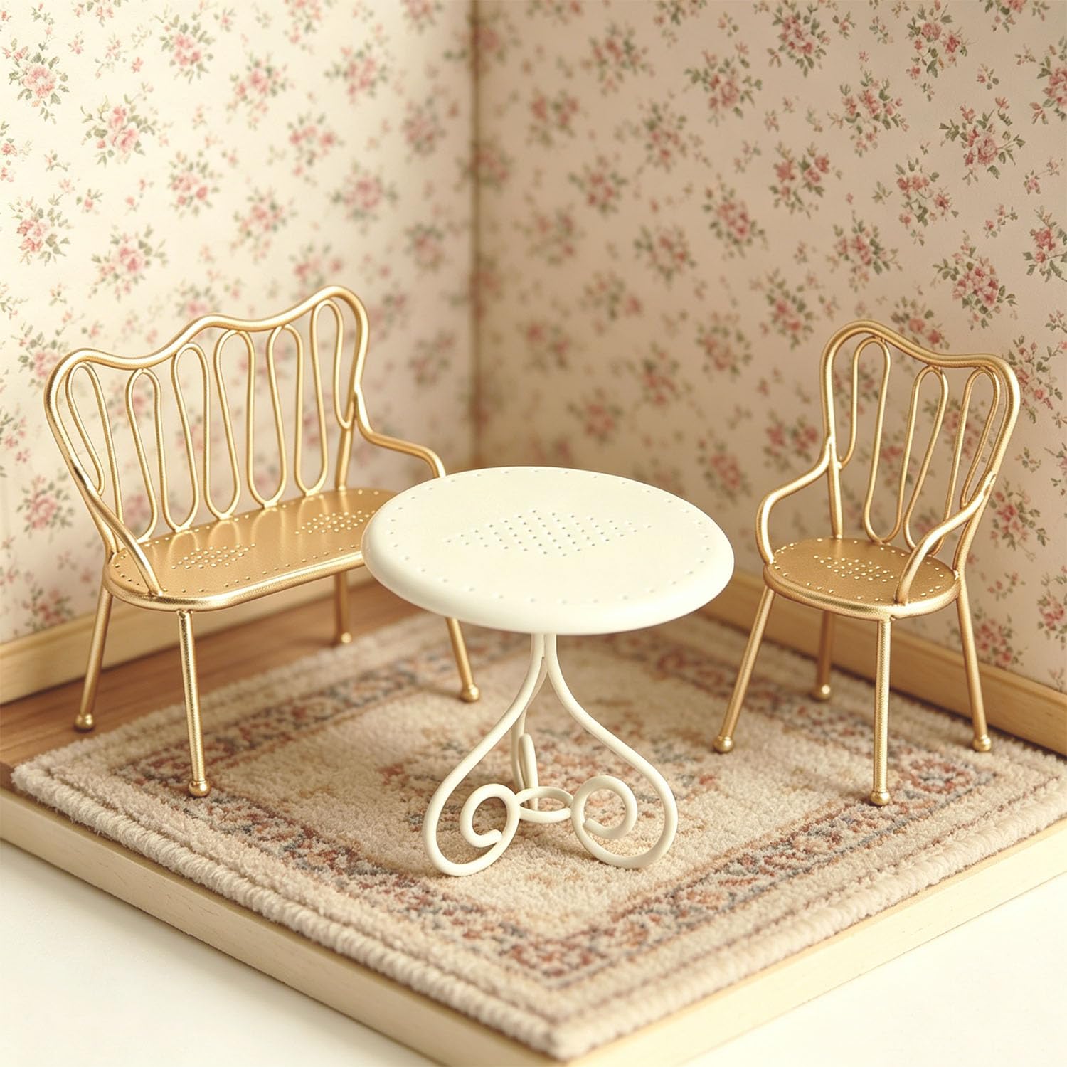 Set da 3 pezzi in scala 1:12 in stile nordico con tavolo da pranzo e sedie per casa delle bambole
