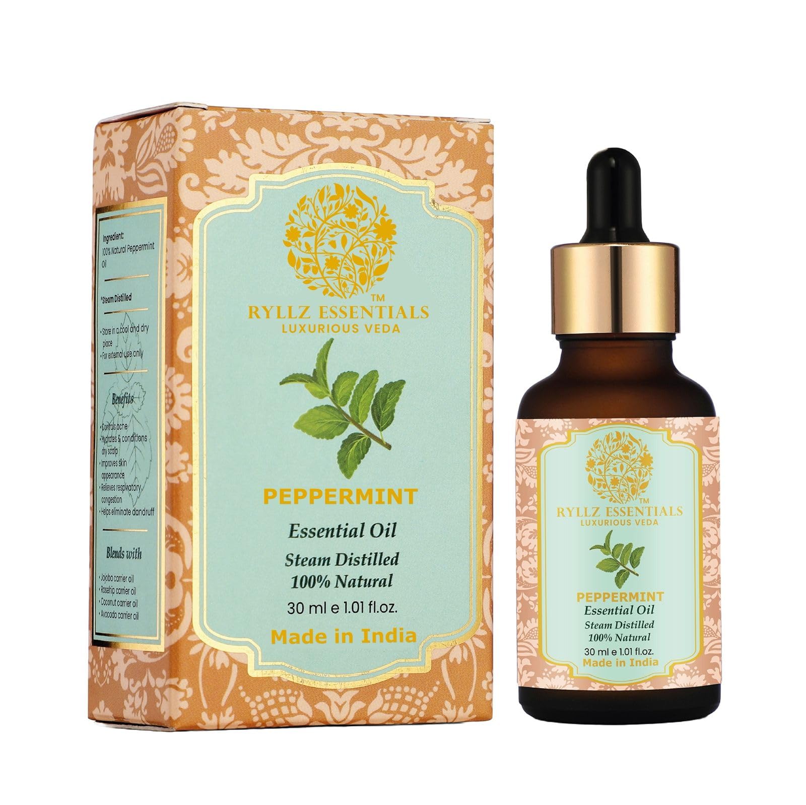 RYLLZ ESSENTIALS Peppermint Essential Oil 30ml | For Home Fragrance, Skin & Hair Growth, Hair Fall Control, Scalp | For Refreshing Mind & Body | Mentha Piperita | 100% Pure & Natural | Undiluted & Steam Distilled | 30ml