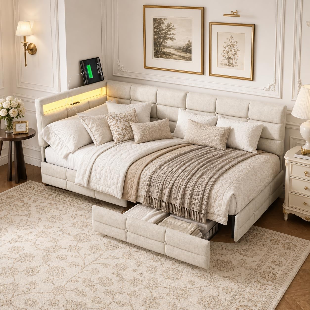 JOROBURO 3FT Single Day Bed, Linen Upholstered Bed Frame with Padded Headboard Beige (Beige)
