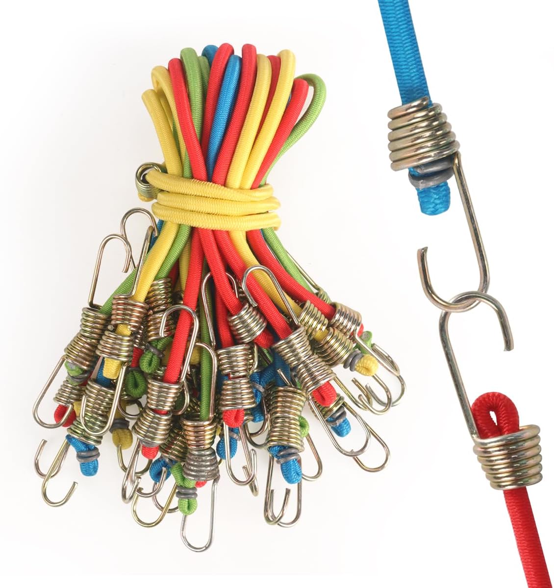 D.Y.A 24 Pieces 10 Inch Mini Bungee Cords，Latex Stretchy Bungee Cords with Steel Hooks for Tarp Covers, Canvas Canopies, Motorcycle, Cargo, Hang Christmas Ornaments((Red & Yellow & Blue & Green