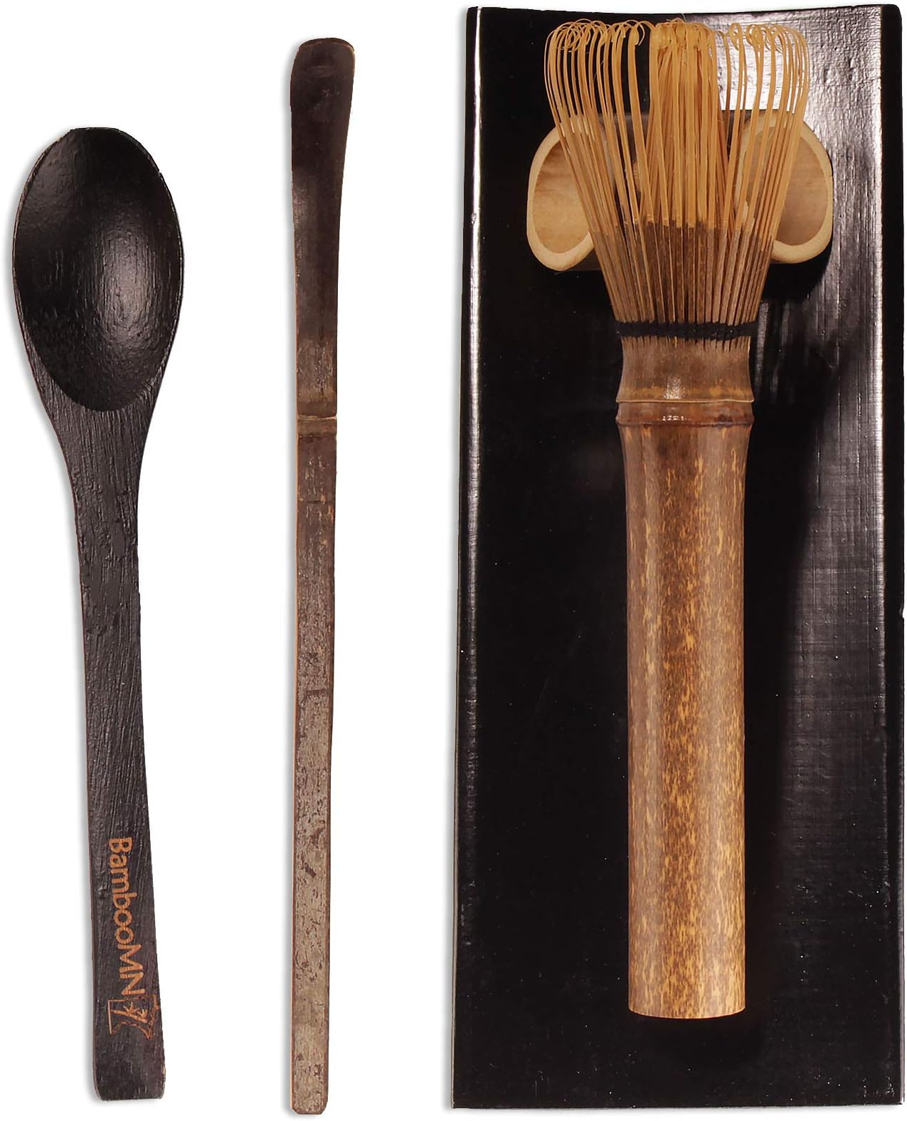 BambooMN Matcha Whisk Set - Skinny Black Chasen (Tea Whisk), Black Tray, Black Chashaku (Hooked Bamboo Scoop), Black Tea Spoon - 1 Set