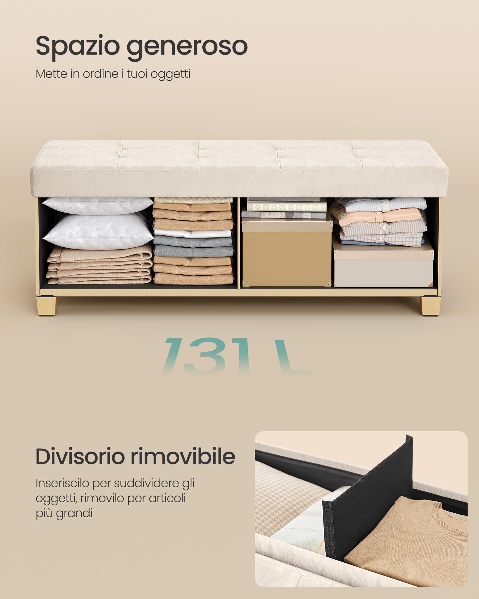 SONGMICS Pouf Contenitore, in Pelle Sintetica, Sgabello Poggiapiedi Pieghevole, Portata 300 kg, 110 x 38 x 40 cm, per Camera da Letto e Ingresso, Bianco Crema, Collezione Minota LSF524WD01