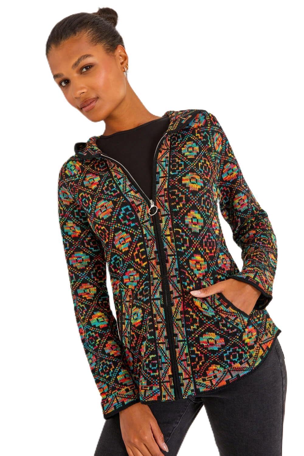 Roman Women's Aztec Zip Front Hooded Cardigan - Blue - Size 20