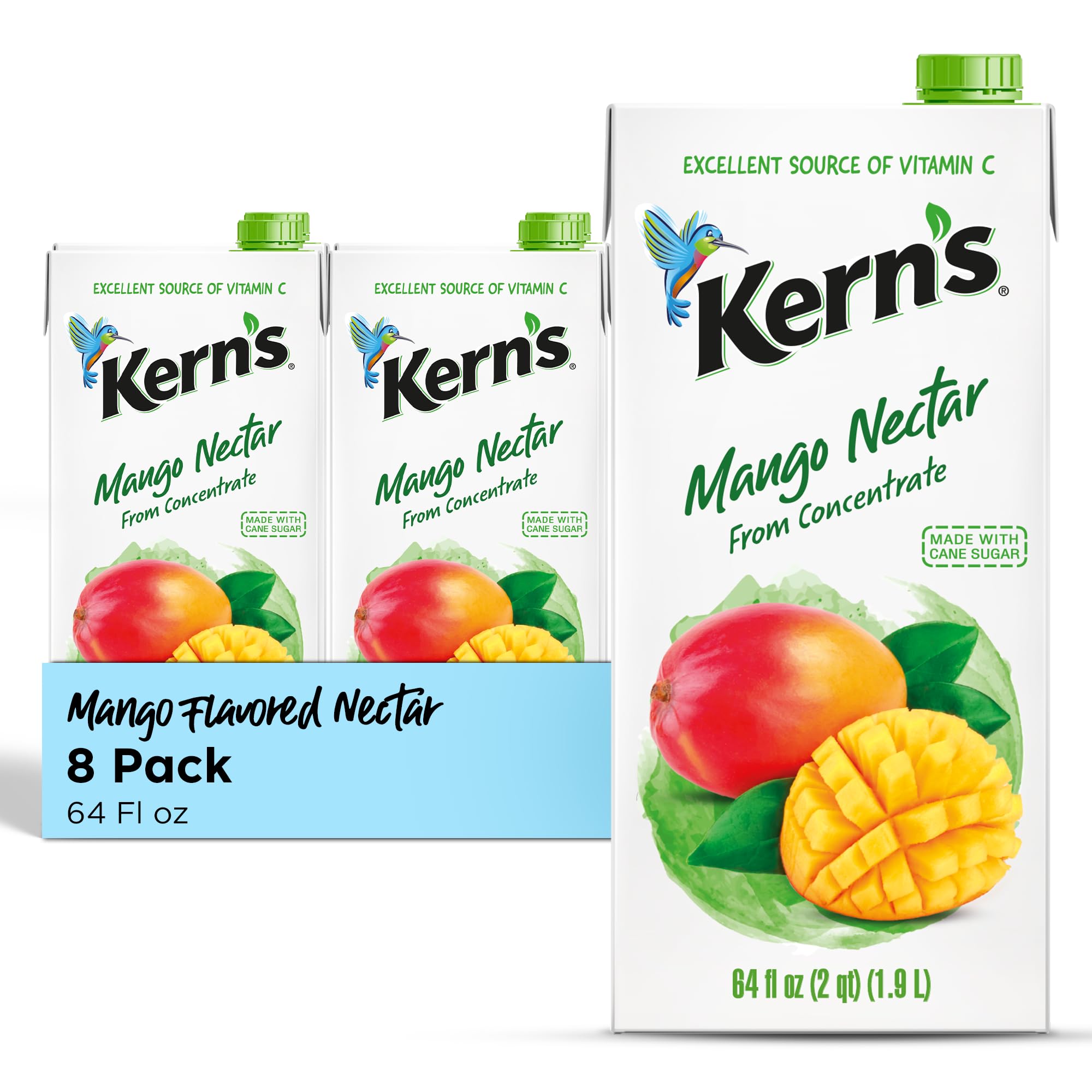 Kern’s Mango Juice Nectar - Mango Nectar Made with Fresh Fruit Puree - Tropical Fruit Juice Concentrate for Smoothie Mix, Cocktail Mixers & Kids Drinks & Beverages - 64oz, 8 Pack Carton