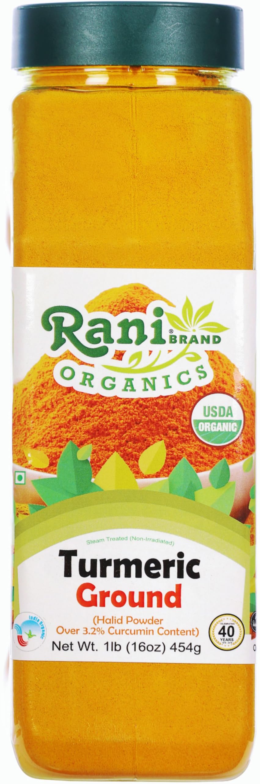 Rani Organic Turmeric (Haldi) Root Powder Spice, (High Curcumin Content) 16oz (1lb) 454g PET Jar ~ All Natural | Vegan | Gluten Friendly | NON-GMO |