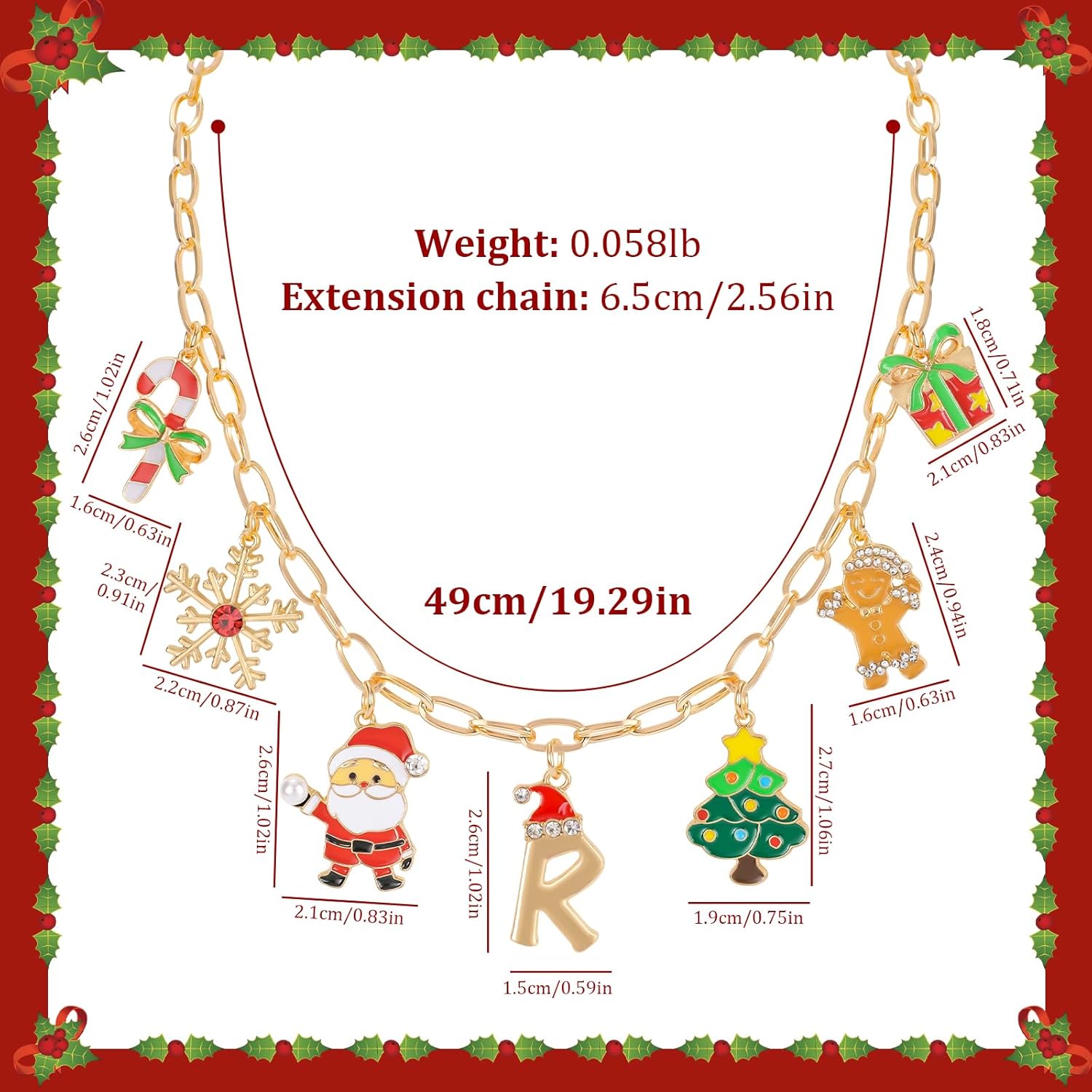 NEKOL Christmas Initial Letter-R Charm Necklace for Women, Candy Canes Snowflakes Santa Claus Christmas Tree Gingerbread Man Gift Box Colorful Holiday Charms - Image 3