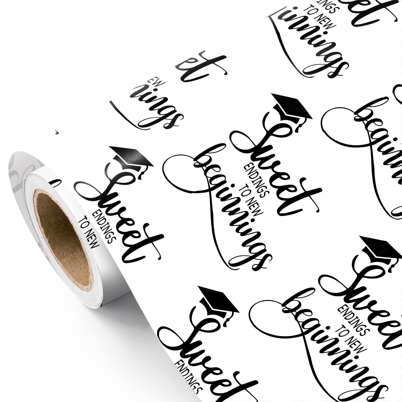 RUSPEPA Graduation Wrapping Paper - Mini Roll - 43.2cm x 5m - Sweet Endings to New Beginnings with Graduation Cap Design for Class of 2026, High School & College Gifts โ image 1