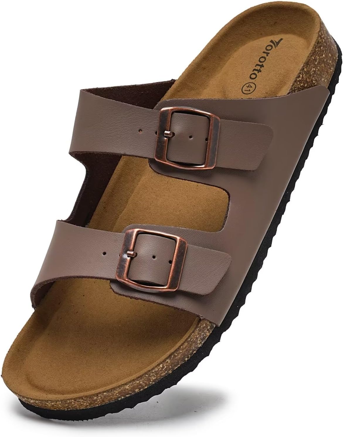Torotto Genuine Leather Mens Slides with Cork Footbed Open Toe Adjustable Webbing Flat Sandals for Walking | Beach | Indoor(Leather/Brown-45)
