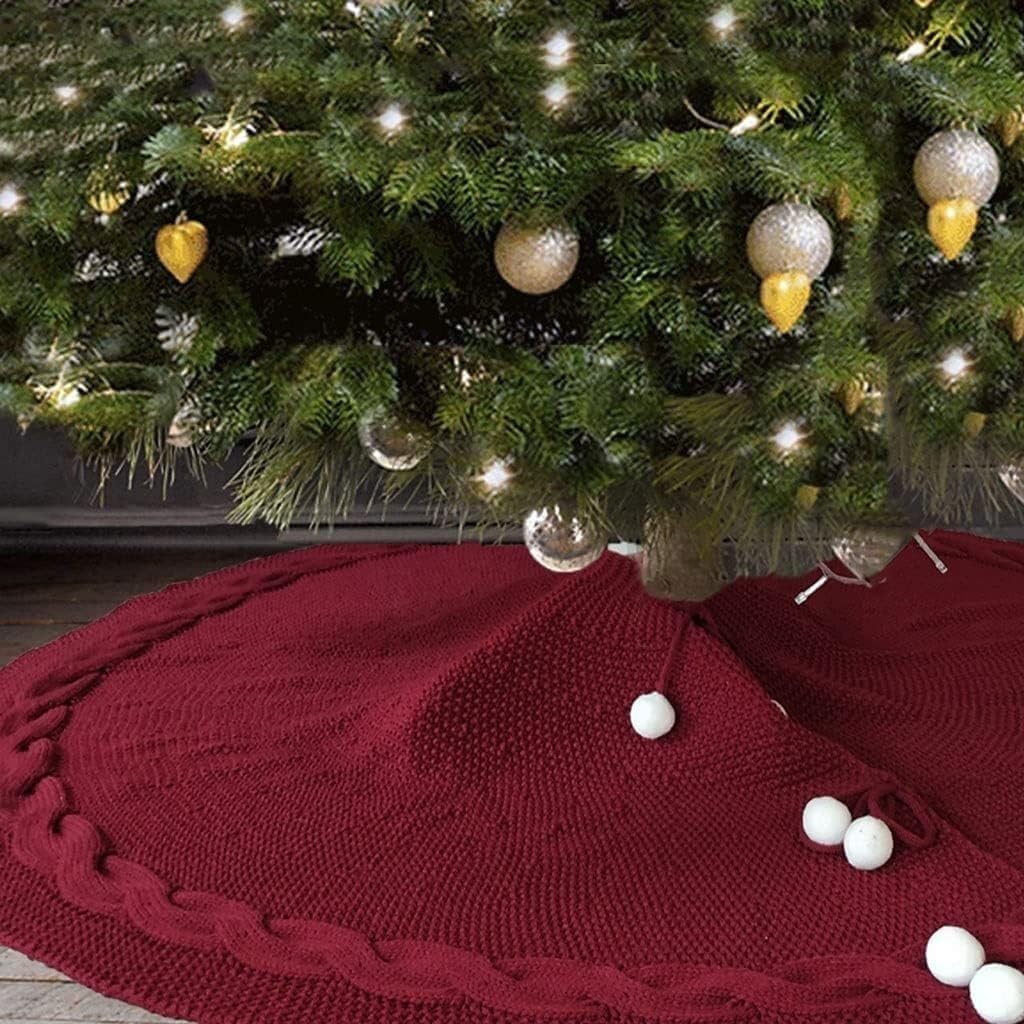 Tree Skirt Christmas Christmas Tree Skirt Christmas Knitted with Pompom Tree Skirt Christmas Tree Decorations Christmas Home Gifts Christmas Skirt Tree(Red)