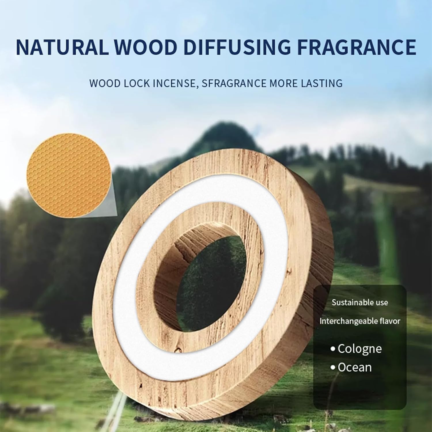 Close-up of a natural wood fragrance diffusing tablet, indicating sustainable use and interchangeable flavors like Cologne and Ocean.