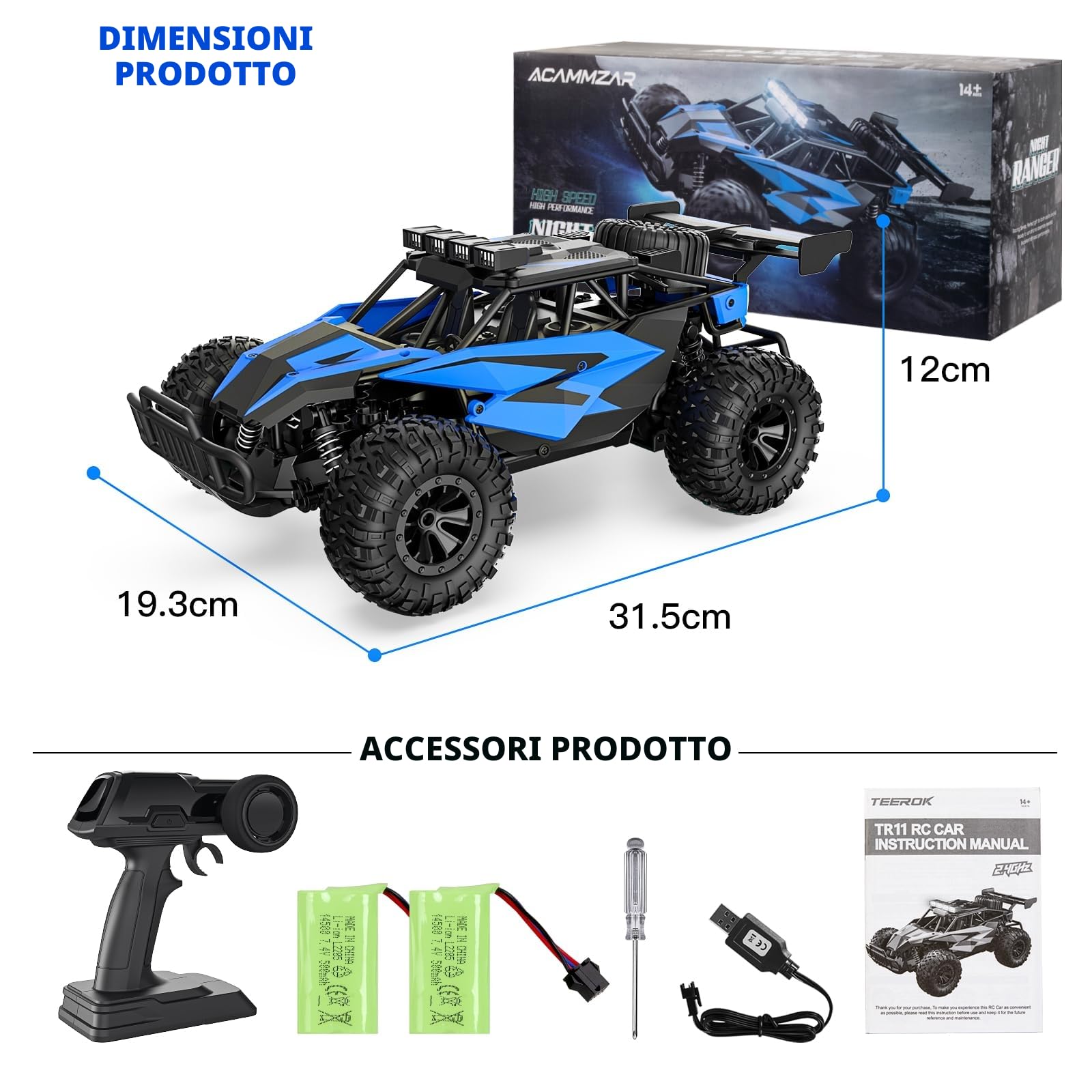 ACAMMZAR AT2 Macchina Telecomandata, 1:16 20+Km/h 2WD Camion Auto Telecomandata, 2.4GHz RC Car Crawler con 2 batterie, 50+min Play Time regalo di Natale per adulti e bambini