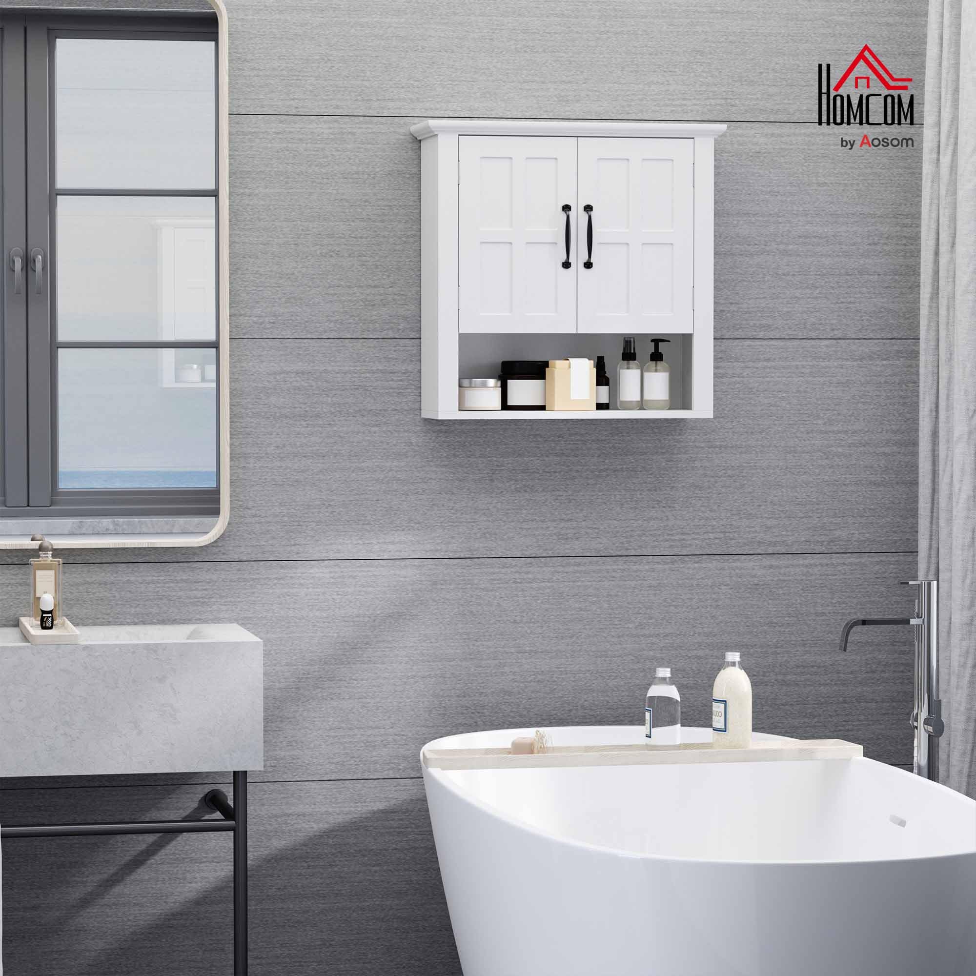 HOMCOM Armoire Haute Murale de Salle de Bain ou WC Placard 2 Portes 2 étagères Niche dim. 60L x 20l x 58H cm MDF Panneaux Particules Blanc