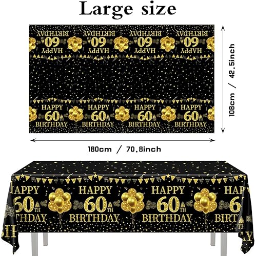 Miniatura 5 de Pymurod 3 manteles de plástico para cumpleaños de 60 años, color negro y dorado, mantel rectangular desechable para fiesta de cumpleaños de 60 años,