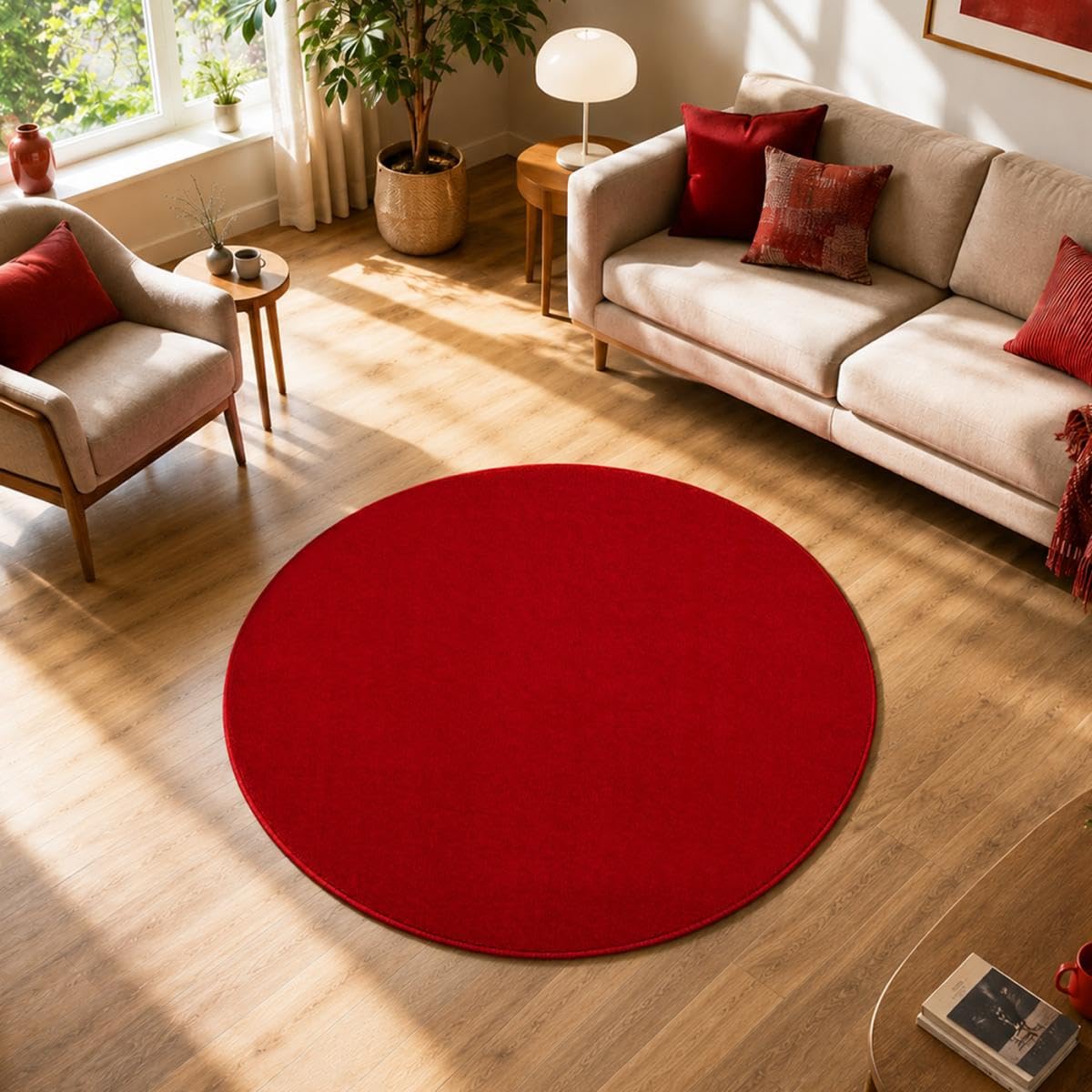 Tapis Rond Ø 120 Cm, Salle De Réception, Teinte Rouge, Motif Uni, Silhouette Circulaire Élégante, Tissé en Turquie, Poils Ras, 7534