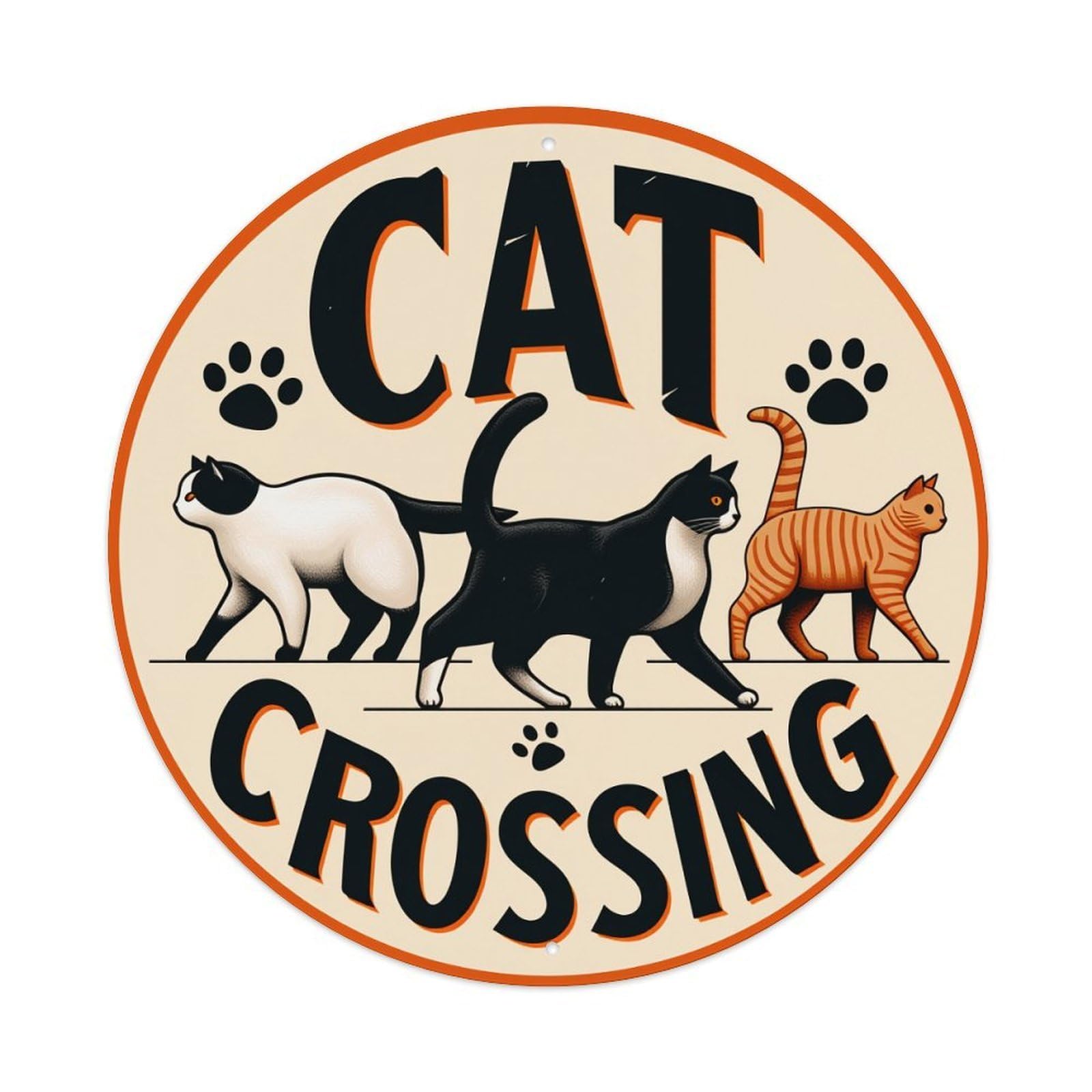 Cat Crossing Sign With Three Cats And Paw Prints Round Vintage Tin Sign,Retro Wall Art,Metal Poster for Home, Bar, Garage, Cafe, Rustic Indoor & Outdoor Decor, 8x8 Inches
