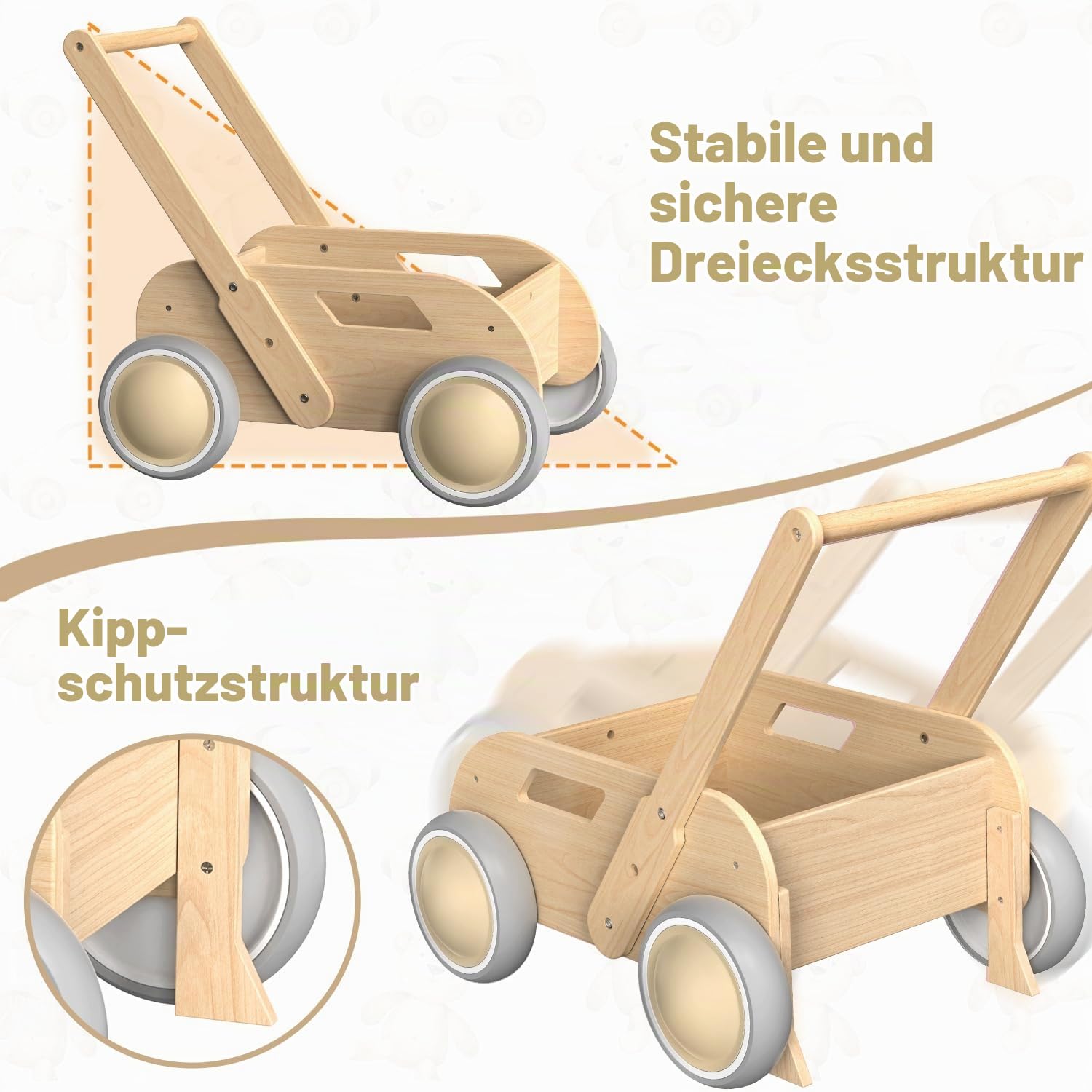 Lauflernwagen Holz, Baby Lauflernhilfe für Junge und Mädchen, Toddler Push & Pull Lauflernspielzeug, Kinderwagen aus Holz, Baby Walker mit Rädern, Geschenk für Geburtstag Weihnachten, Natürlich