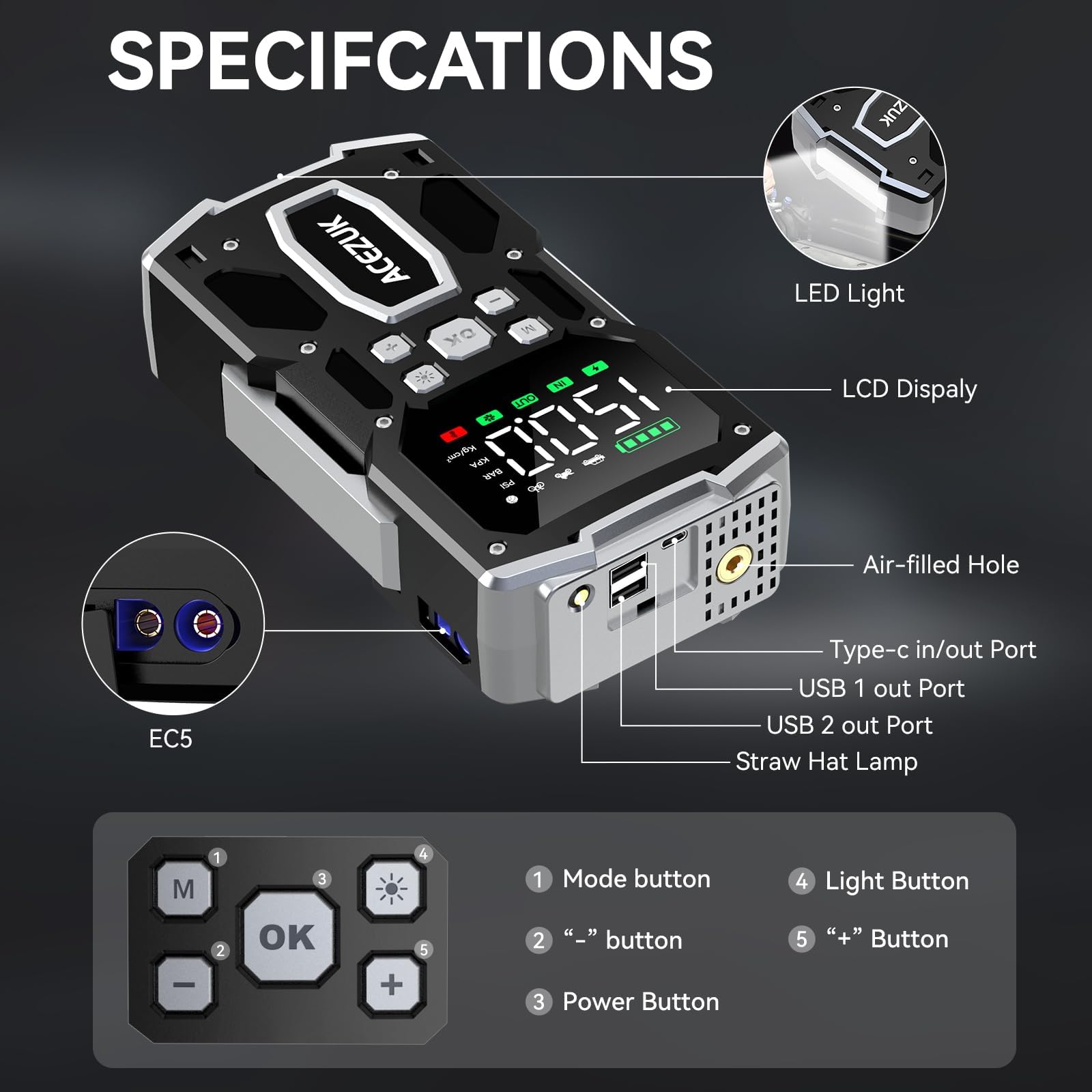 ACEZUK Booster Batterie Voiture 4000A, Démarreur de Voiture Portable (Jusqu'à 5.5L Diesel ou 7.0L Gaz), 12V Jump Starter avec 2.5 inch Écran LCD, Pinces de Sûreté Intelligentes, Lumière LED (M03)