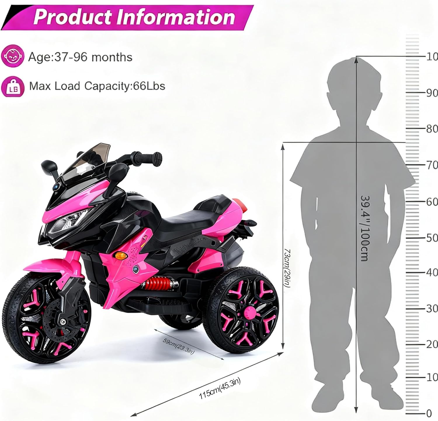 12V Electric Kids Motorcycle for 3-8 Year Old Boys Girls, 3-Wheel Ride-On Toy Motorbike with Lighting Wheels, Music Player (Connect with Phone) and Hand Drive (Pink)