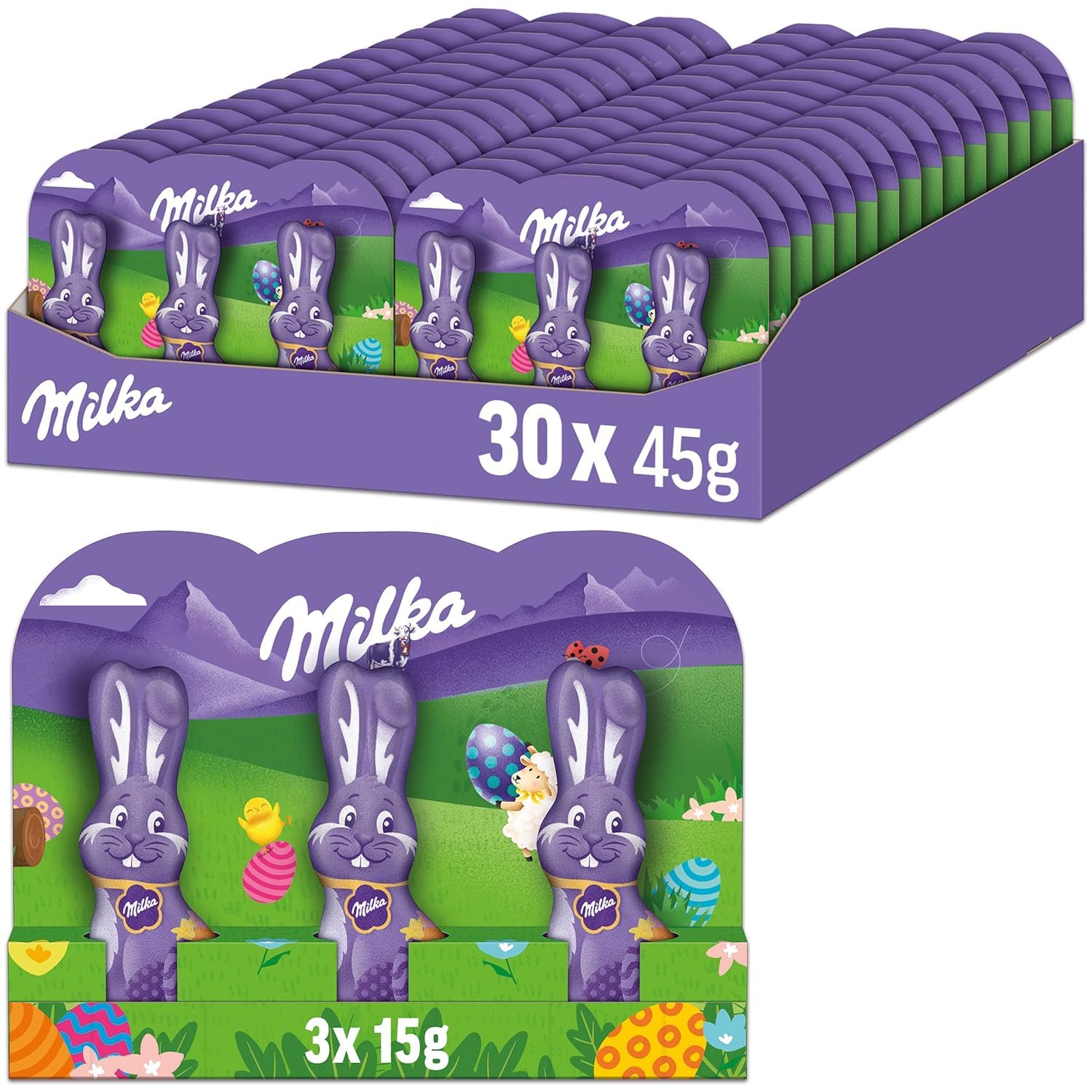 Milka Schmunzelhase Alpenmilch – Mini-Osterhasen aus zarter Alpenmilch-Schokolade in der Großpackung – 30 x 3 x 15g