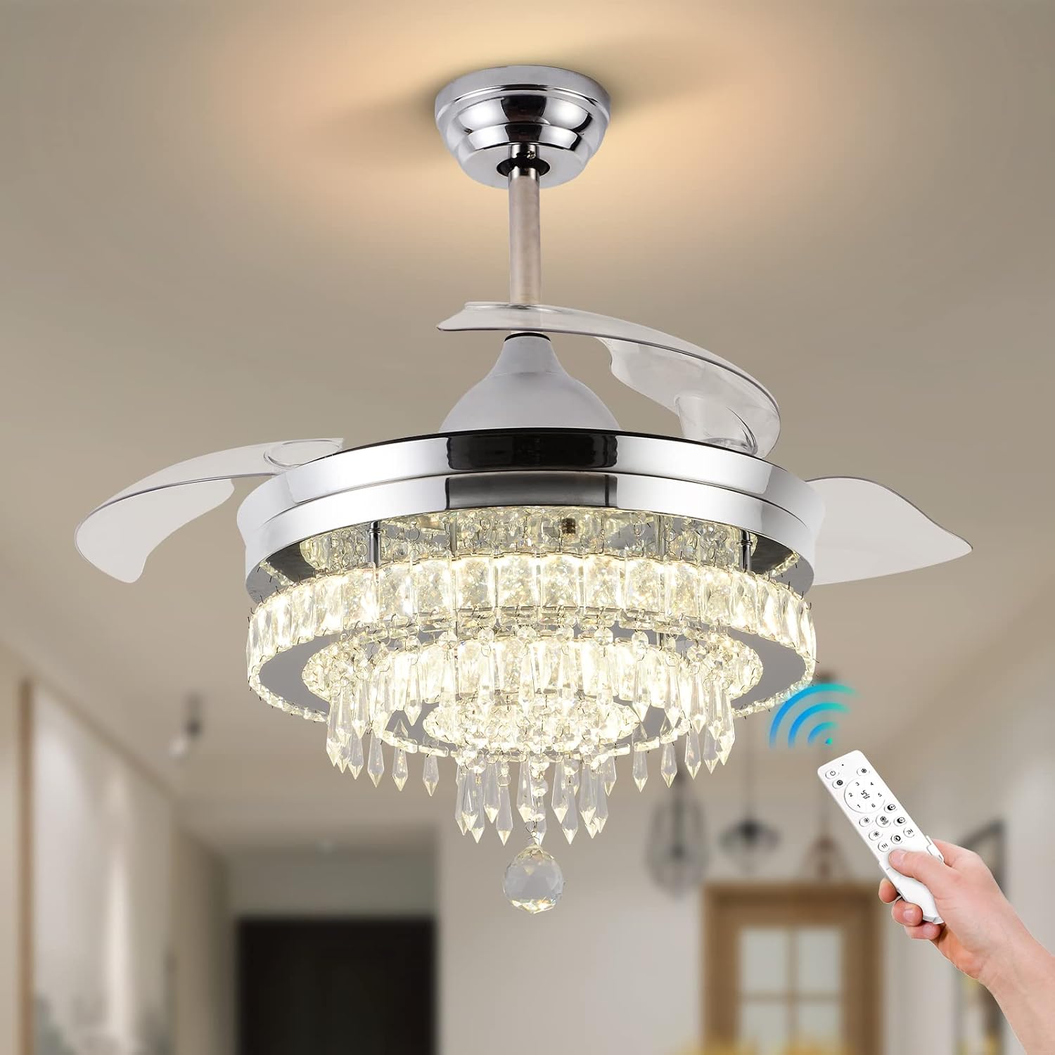 CLAIRDAI 42" Dimmable Fandeliers Crystal Ceiling Fan with Light LED