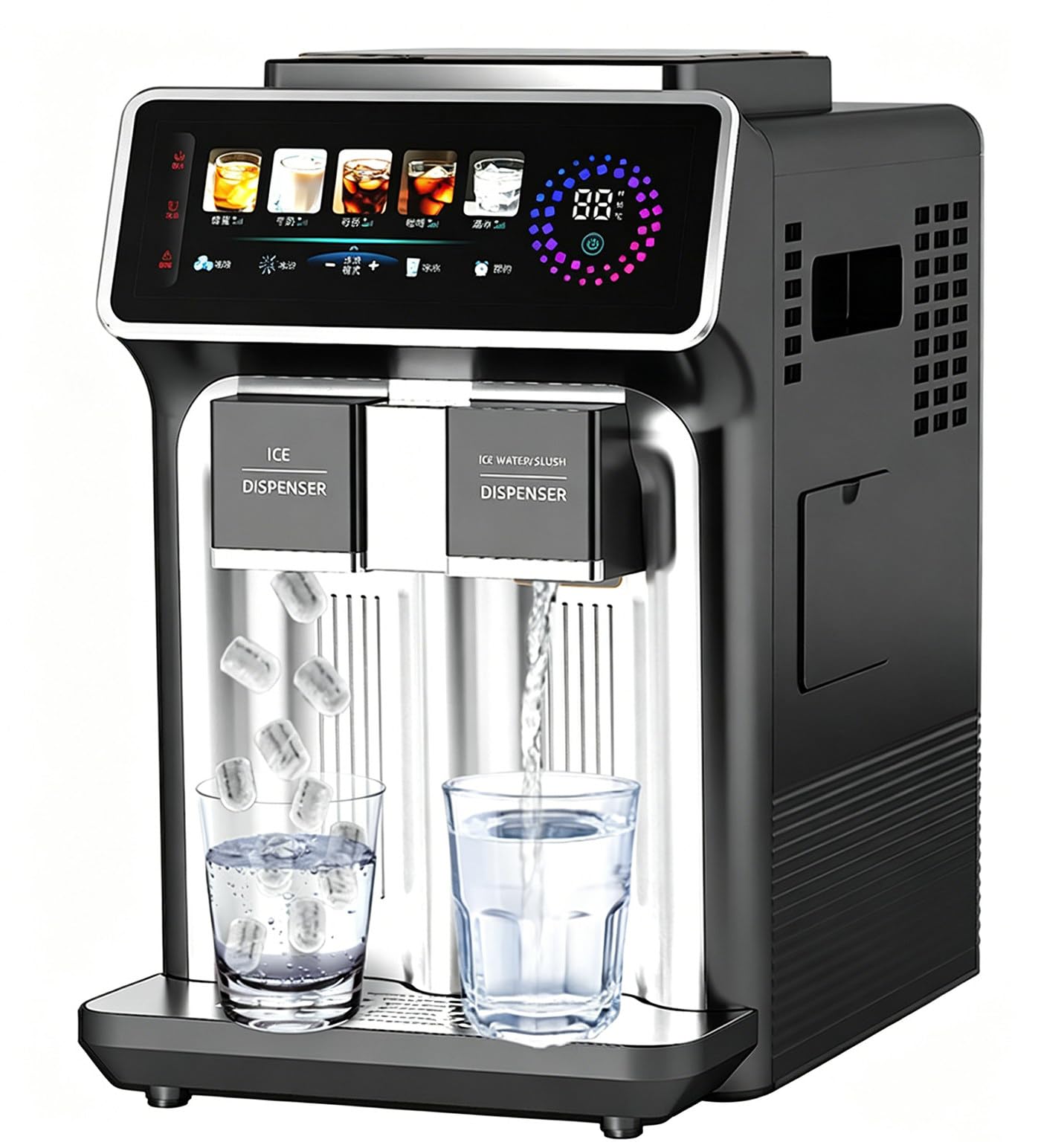 Máquina de Hielo Compacta con Dispensador de Agua | Hielo en Bolitas, Granizado y Agua Fría 3 en 1, Máquina de Hielo en Pepitas Para Encimera, Para El Hogar, Camping, Cocina