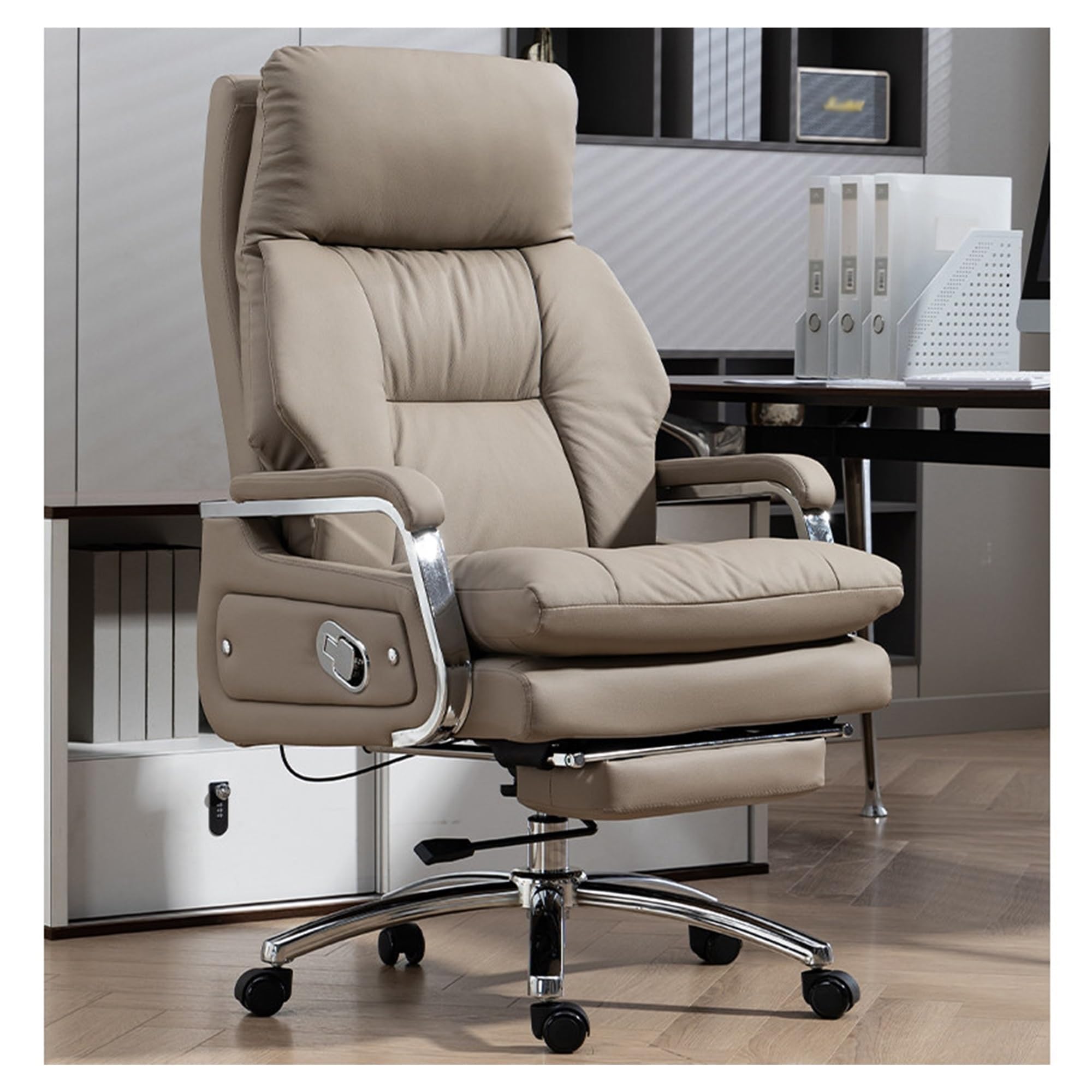 High Back Executive Office Chair, Leather Computer Chair, Ergonomic Desk Chair with Footrest, Heavy Duty Support up to 660LBS, 160° Backrest Tilt and 15° Rocking Function(Light Brown)