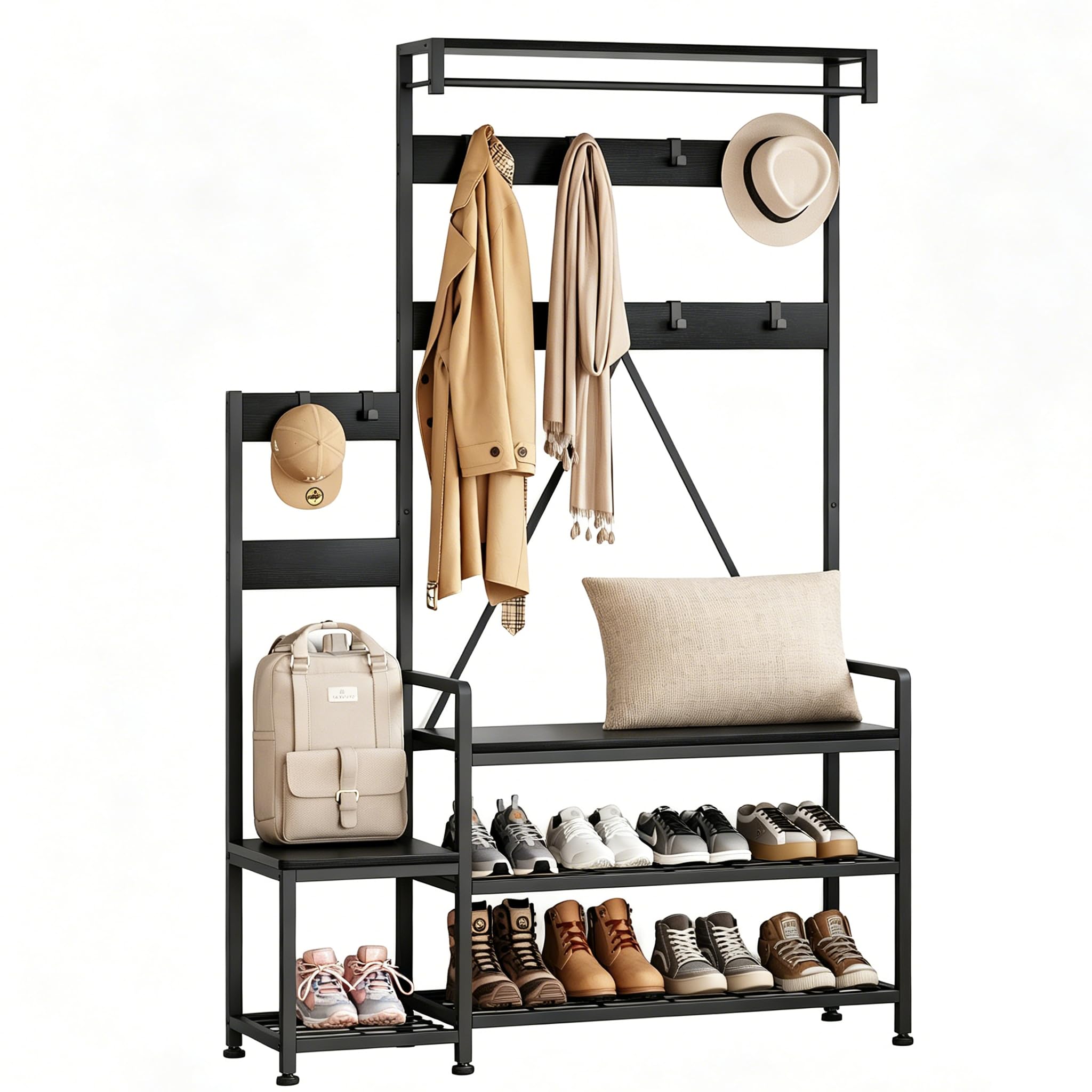 AffinityFurn Industrial Hall Tree Coat Rack with Shoe Storage Bench, Hanging Bar, Storage Cubbies, Top Shelf, Freestanding Metal Entryway Organizer for Hallway, Entryway, 30x113x180 cm(Black)