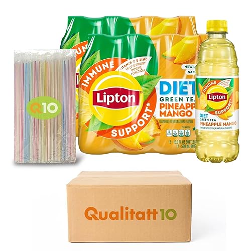 Lipton QUALITATT 10 Brand - Paquete de 24 botellas de plástico para té helado de piña y mango de 16.9 onzas líquidas + 80 popotes de plástico de