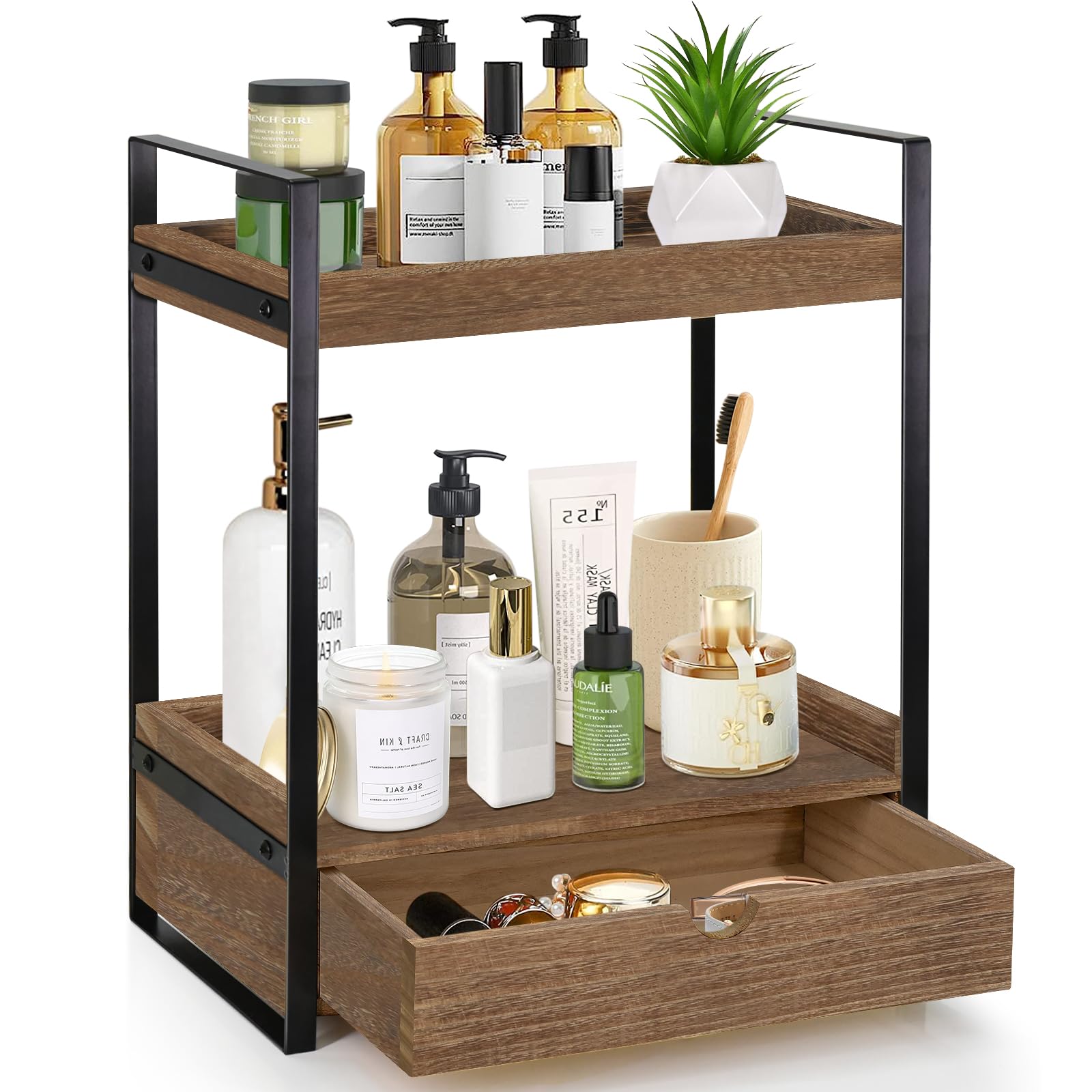 Ukonvi 2-Tier Bathroom Organizer Countertop with Drawer Wood Counter Shelf for Storage Vanity Tray for Organization and Decor