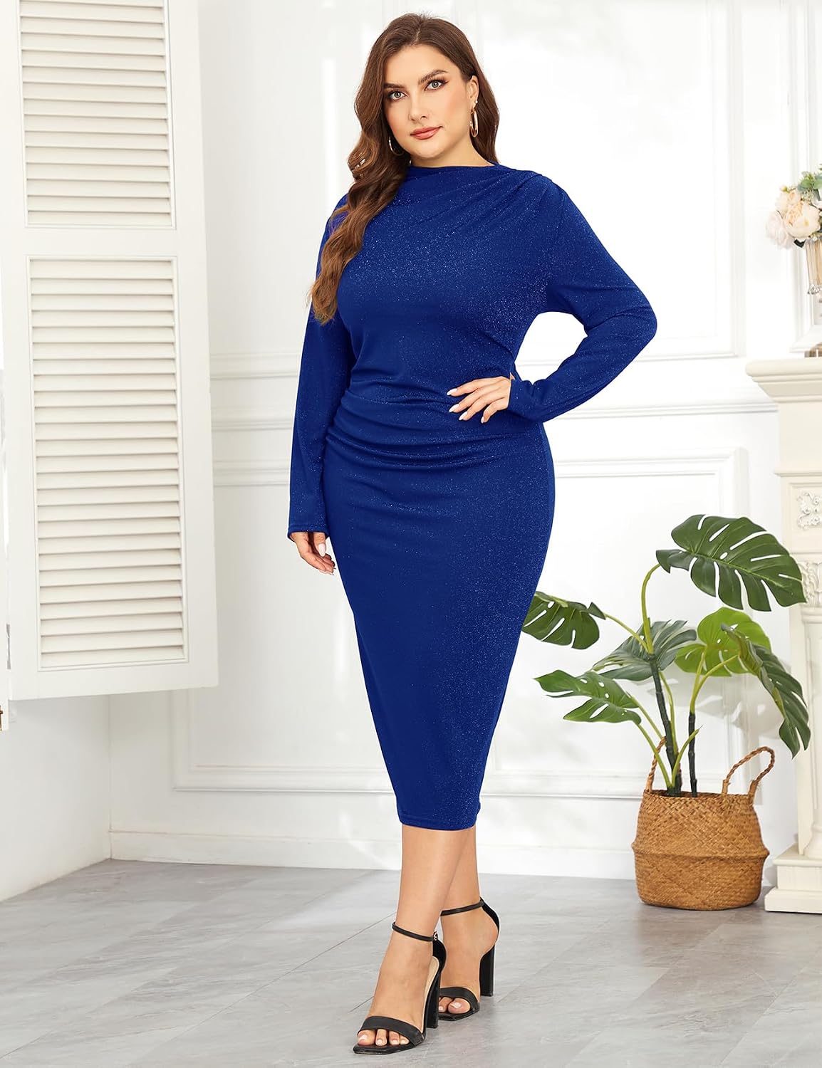 ZOMVA 2024 Women's Plus Size 1X-4X Sparkly Glitter Ruched Bodycon Midi Dress Mock Neck Long Sleeve Sparkle Sequin Sexy Dress Cocktail Party Formal, Navy Blue, 1X