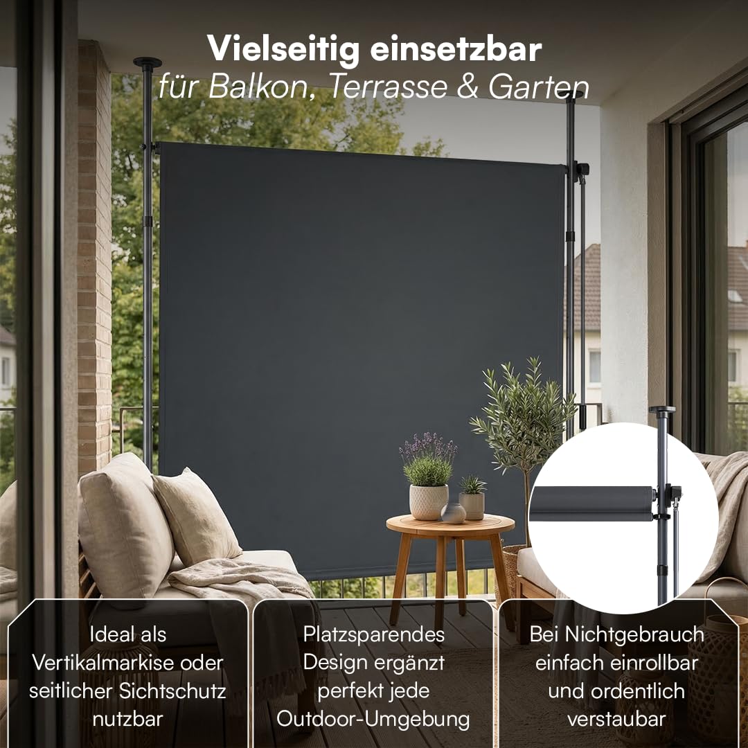 STEELSØN Serelia Senkrechtmarkise 120x310 cm – Vertikalmarkise außen Antharzit – Sichtschutz Balkon wetterfest – Klemmmarkise als Sonnenschutz & Windschutz – Balkonmarkise ohne Bohren – Outdoor-Rollo
