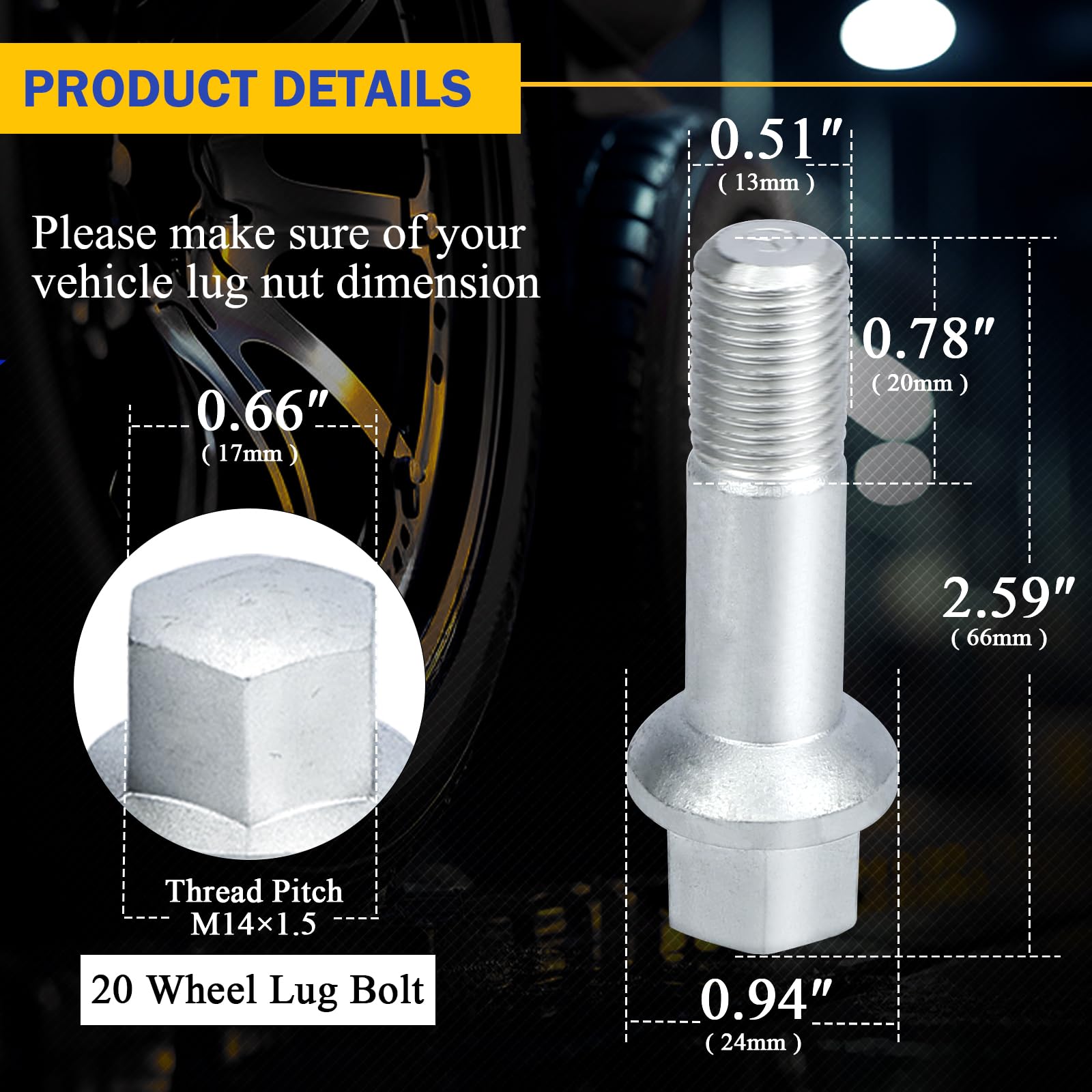Amazon.com: 0009905307 20pcs M14*1.5 Wheel Lug Bolt,17mm Hex, 20mm 
