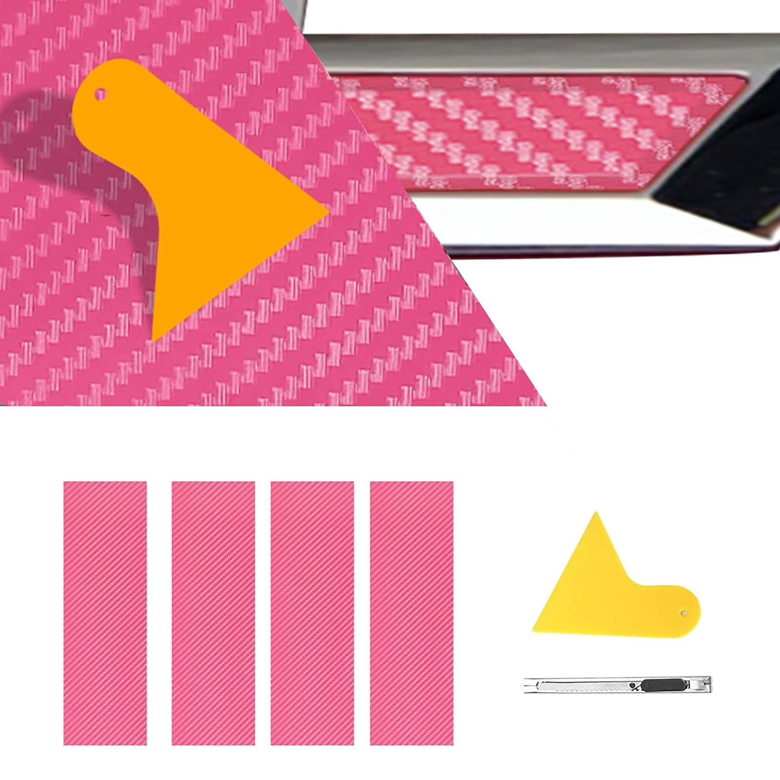 ramuel Compatible with Carbon Fiber Vinyl Wrap 11.8" x 4" Chevy Bowtie Emblem Wrap Kit with Spatula and Cutter 4 Pcs Universal Logo Overlay (Pink)