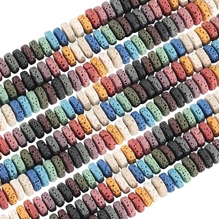 1 Box 4 Strands Colored Lava Stone Beads with Holes Natural Volcanic Rock Flat Round Oil Essential Diffuser Chakra Gemstone Spacer Bead for Jewelry Making Bracelet Necklace Diy Craft Supply