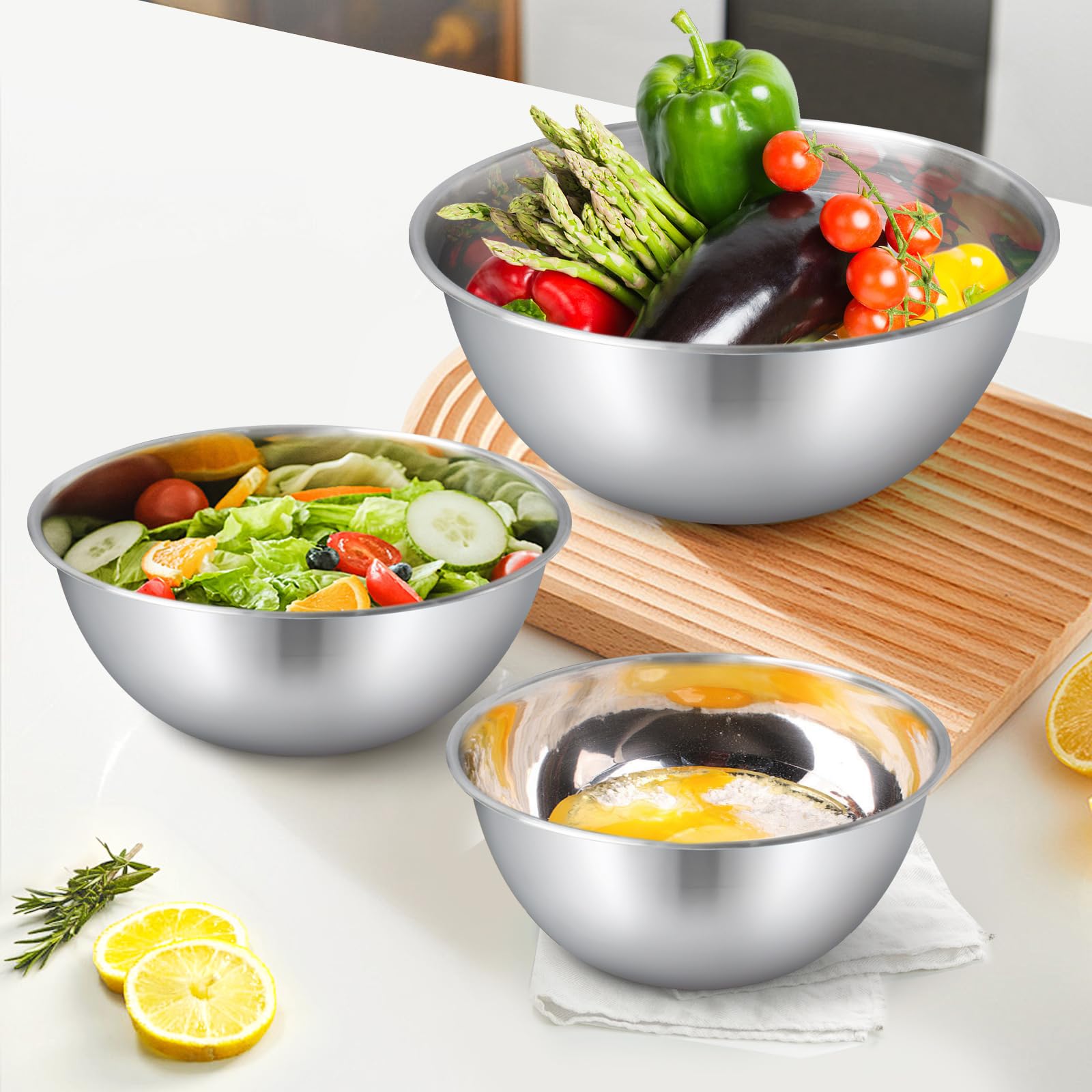 Rührschüssel Salatschüssel 4-teilig für die Küche 0.7l, 1.2l, 2.1l, 3l, Rührschüssel Edelstahl, Salatschüssel, Servierschüssel, Stapelbar&Spülmaschinenfest (0.7-3L)