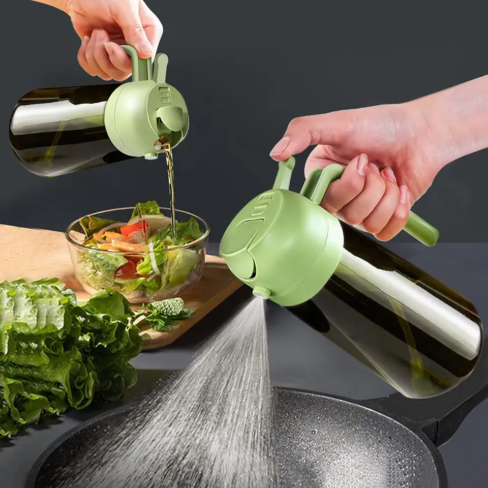 Pulverizador de óleo escuro com bloqueio de luz de 470 ml para cozinhar, frasco dispensador de azeite de oliva 2 em 1 para cozinha, garrafa de óleo de vidro verde escuro premium, névoa de óleo de grau