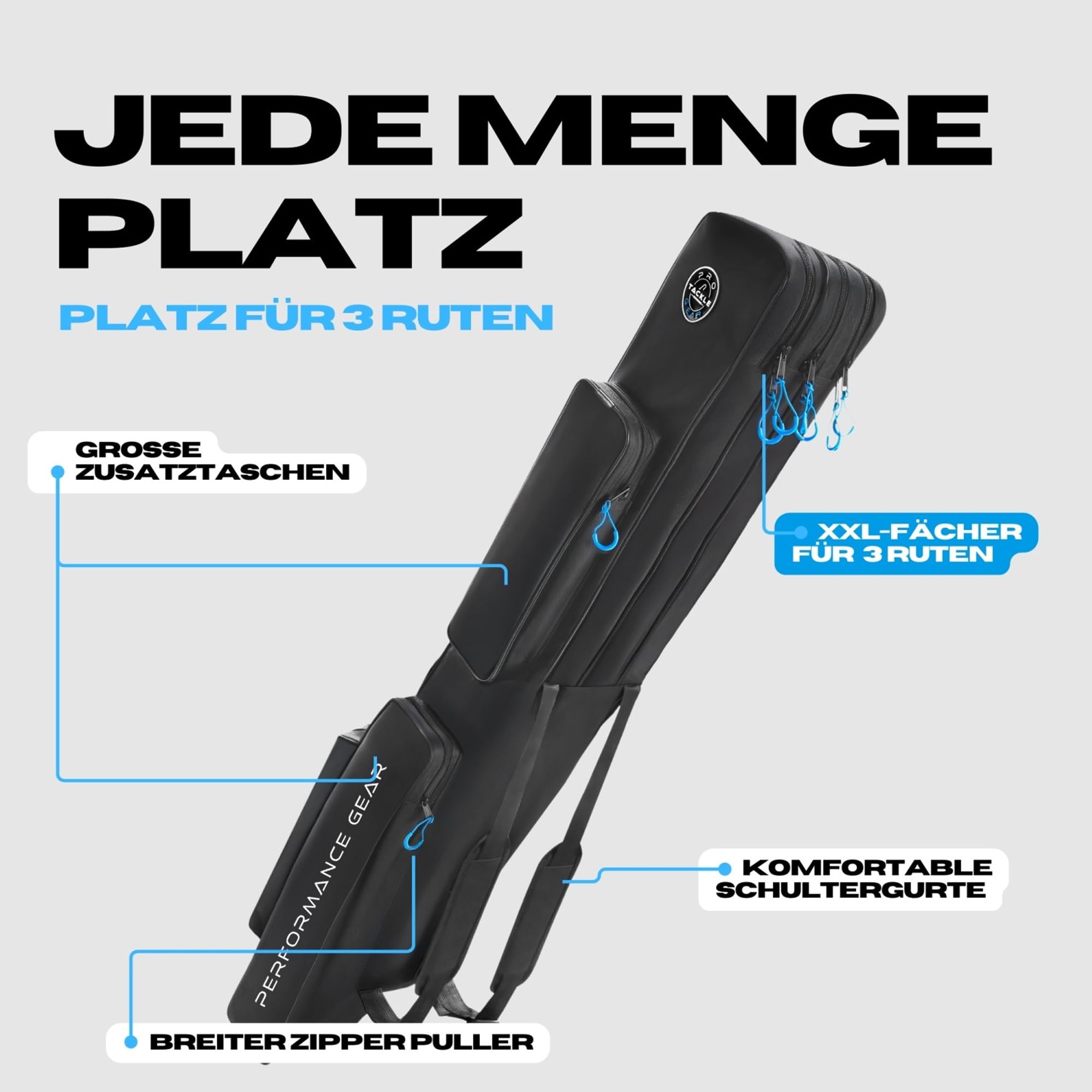Pro Tackle Strike 3-Fach Rutenfutteral 145cm/165cm – Rutentasche für 3 montierte Angelruten & Rollen – Wasserabweisendes 600D Nylon, Rucksackfunktion & 2 Außentaschen für Kescher & Zubehör