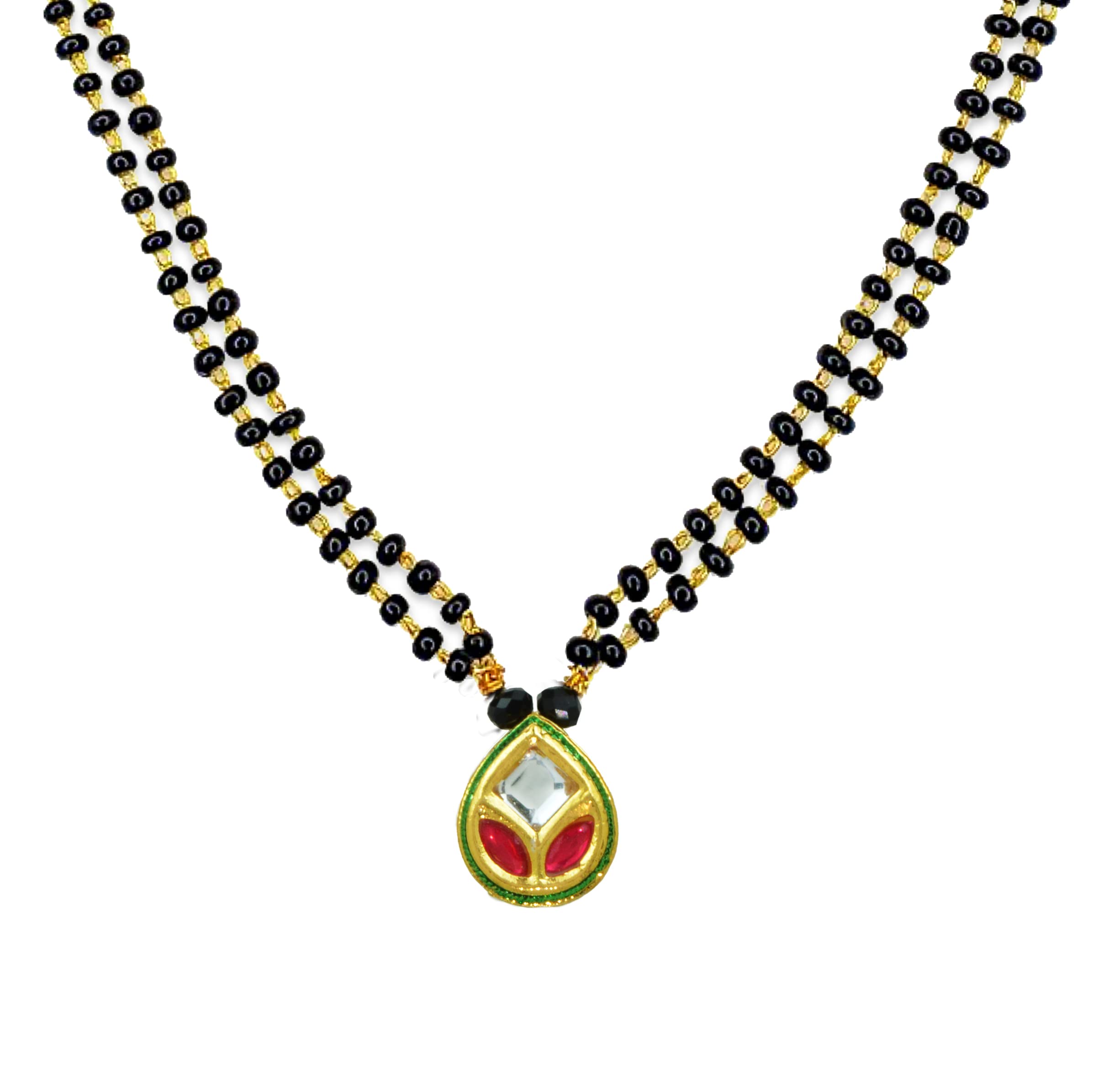 JEWELOPIA Pear Shape Kundan Mangalsutra Tanmaniya Double Stranded Black Bead Chain Jewellery for Women (Red) (B0C37C7ZDT) Amazon Price History, Amazon Price Tracker