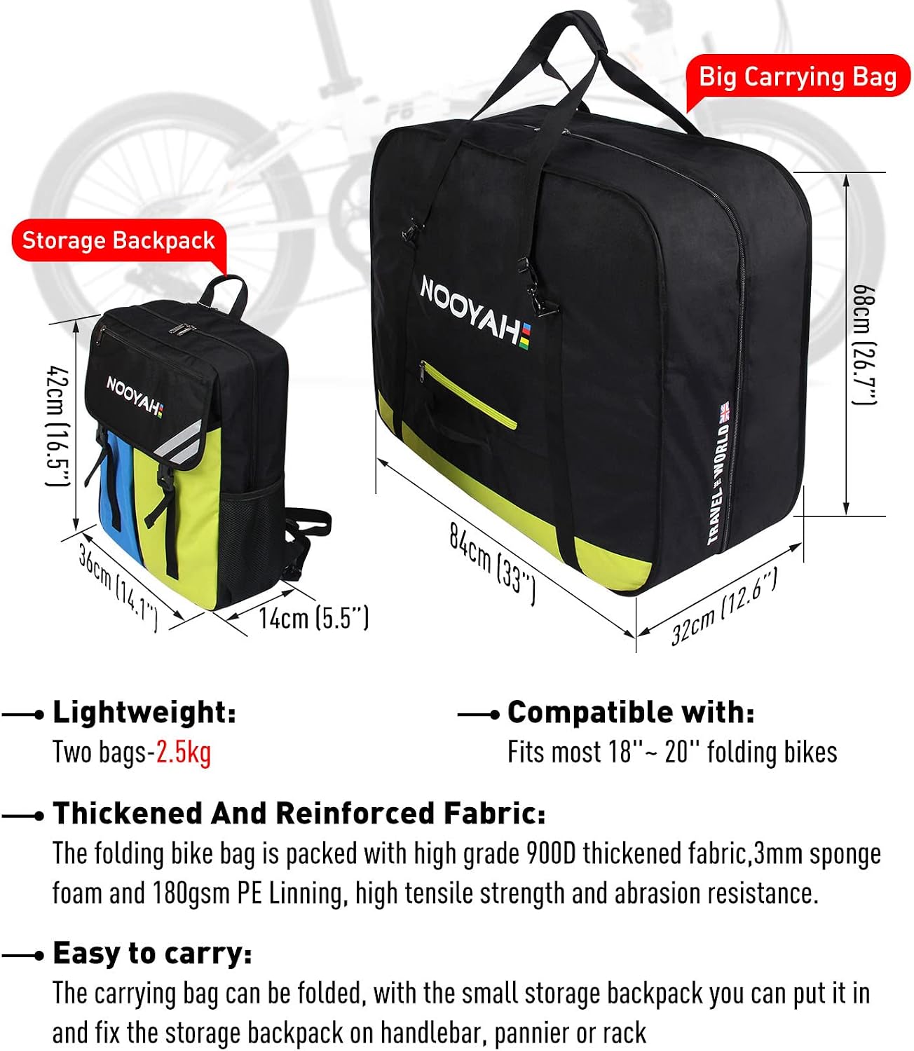 NOOYAH 18 to 20 Inch Folding Bike Bag Portable Bicycle Travel Case Box Cycling Rainproof Lightweight Carry Bag Bicycle Accessories (Black)