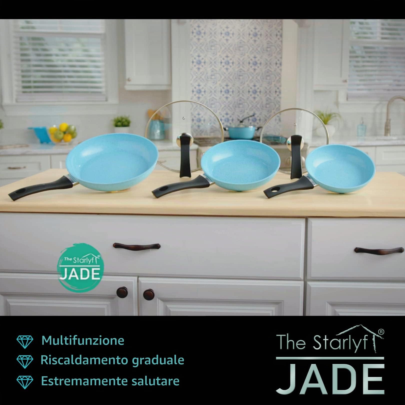 STARLYF JADE PAN - Set di Padelle Antiaderenti con Rivestimento in Giada, Adatte per Induzione, Gas e Vetroceramica, Manico Ergonomico e Riscaldamento Uniforme, Durevole