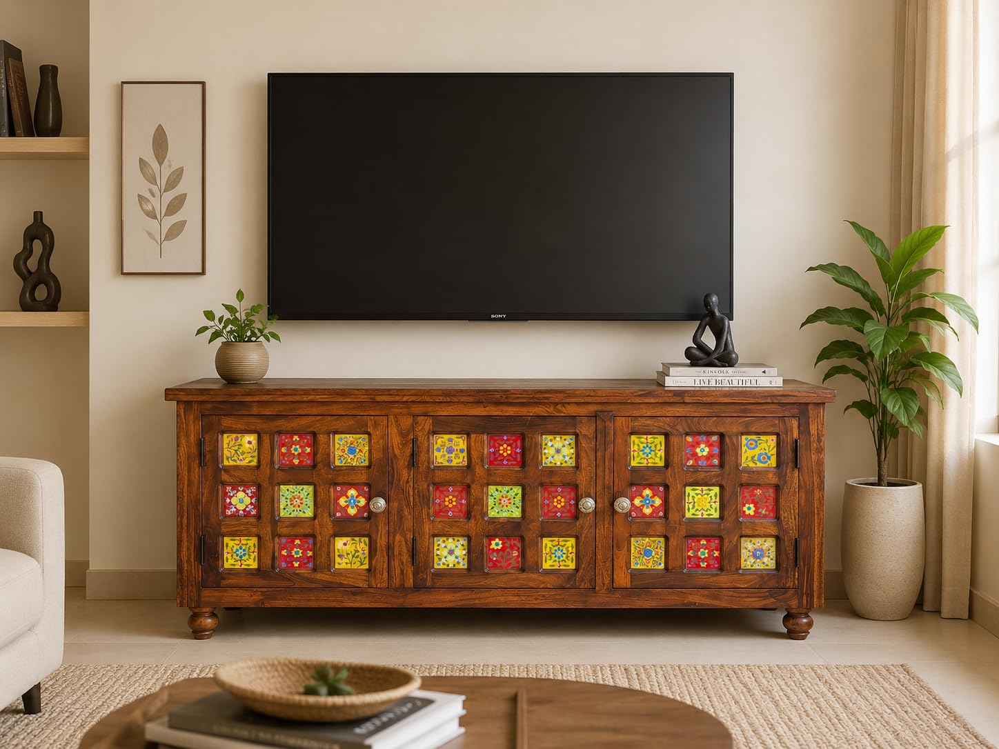 Sheesham Wood TV Unit Cabinet with Handcrafted Ceramic Tile Doors | Natural Finish | 3 Door TV Console Entertainment Center | Storage Cabinet for Living Room (57 x 18 x 23 Inches)-image-6