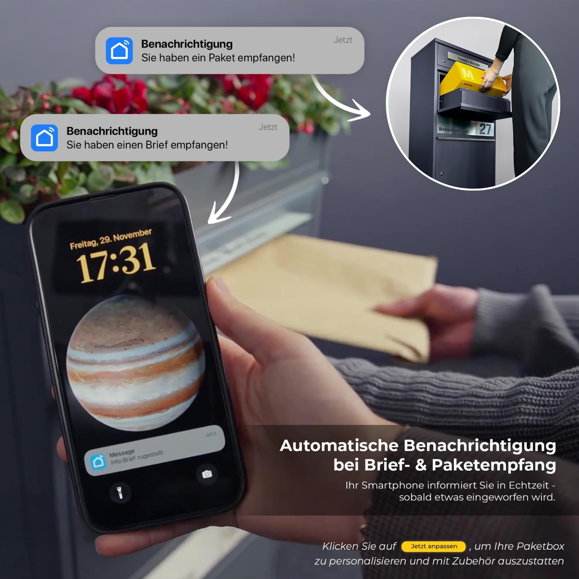 Metzler Briefkasten mit Paketfach & Funkklingel, Paketbox draussen groß XXL mit Klingel & 1 Steckdosen-Funk-Empfänger, Paketbriefkasten personalisiert in Grauauminium RAL9007, wasserdicht | Bispo Funk