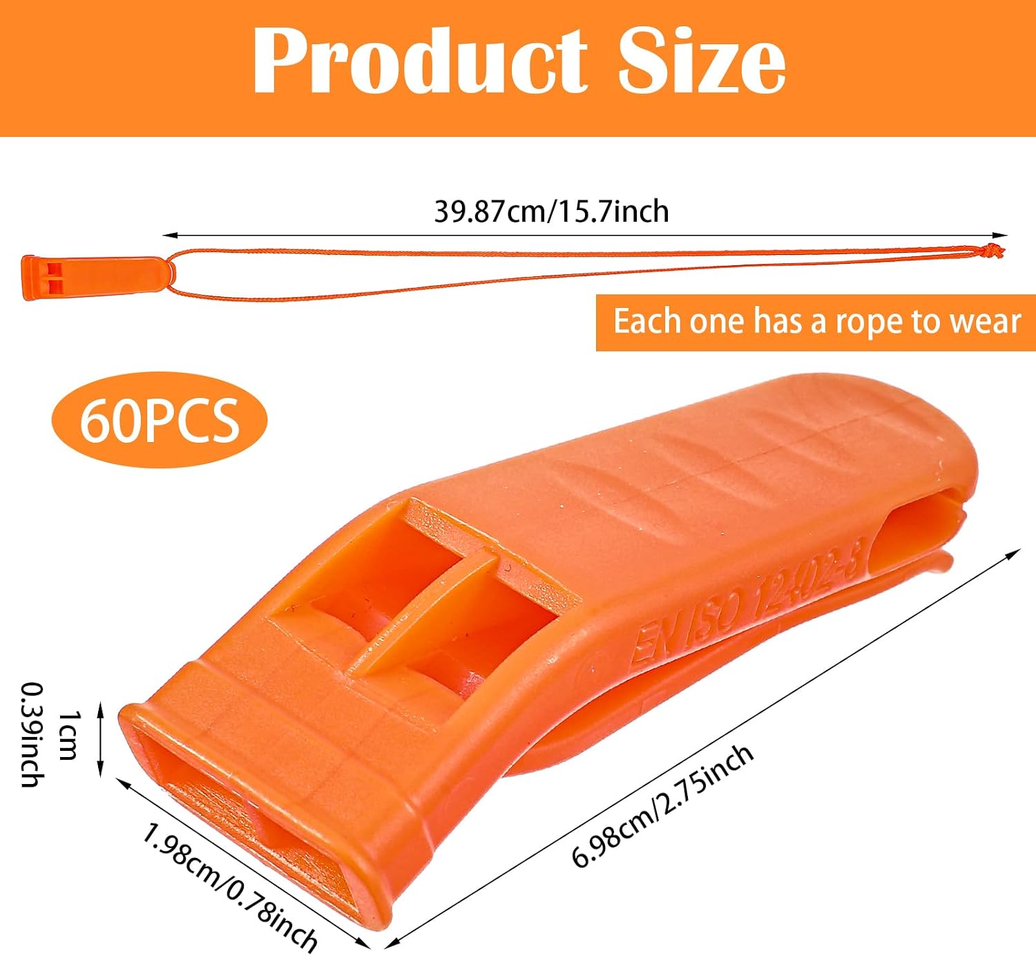 60 Pack Emergency Whistles with Lanyard | 120dB Loud Survival Whistles for Safety | Bright Orange Plastic Whistle for Camping, Hiking, Boating, Kayaking, and Outdoor Rescue Gear